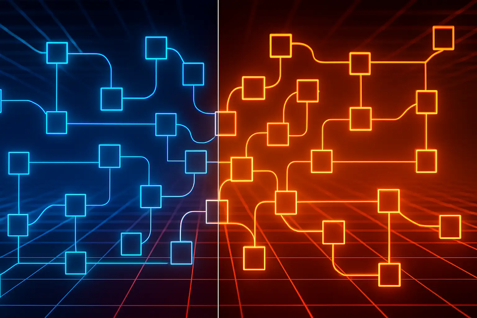 US and China flags reflected on a glowing digital cryptocurrency network grid