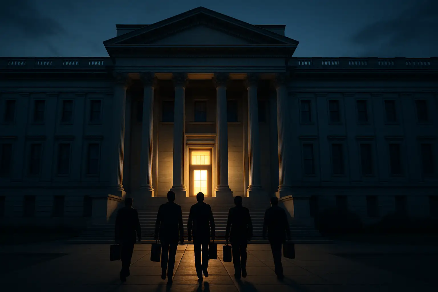 A formal government building entrance with suited figures representing business and political power converging