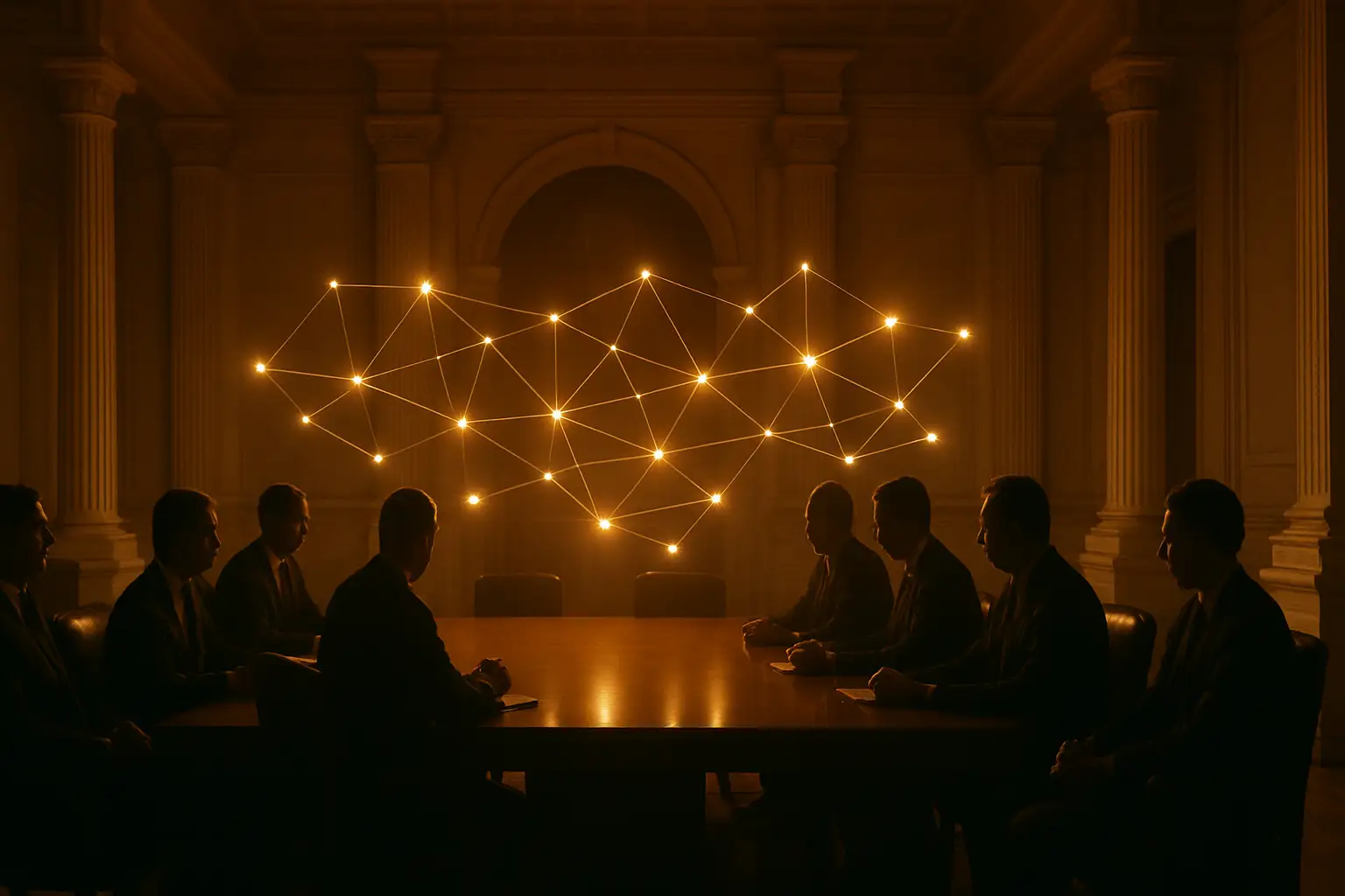 Silhouettes of business executives gathered around a table inside a grand government building with digital network lines overlaid
