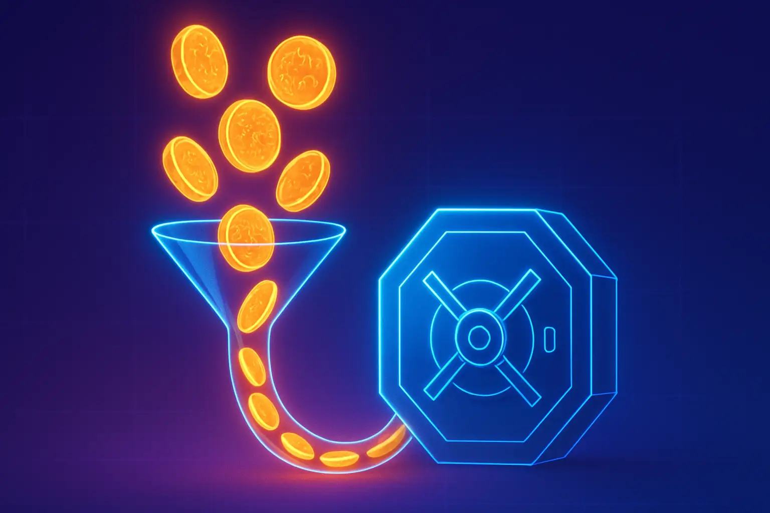 Abstract illustration of crypto tokens flowing into a digital vault on a decentralized finance platform