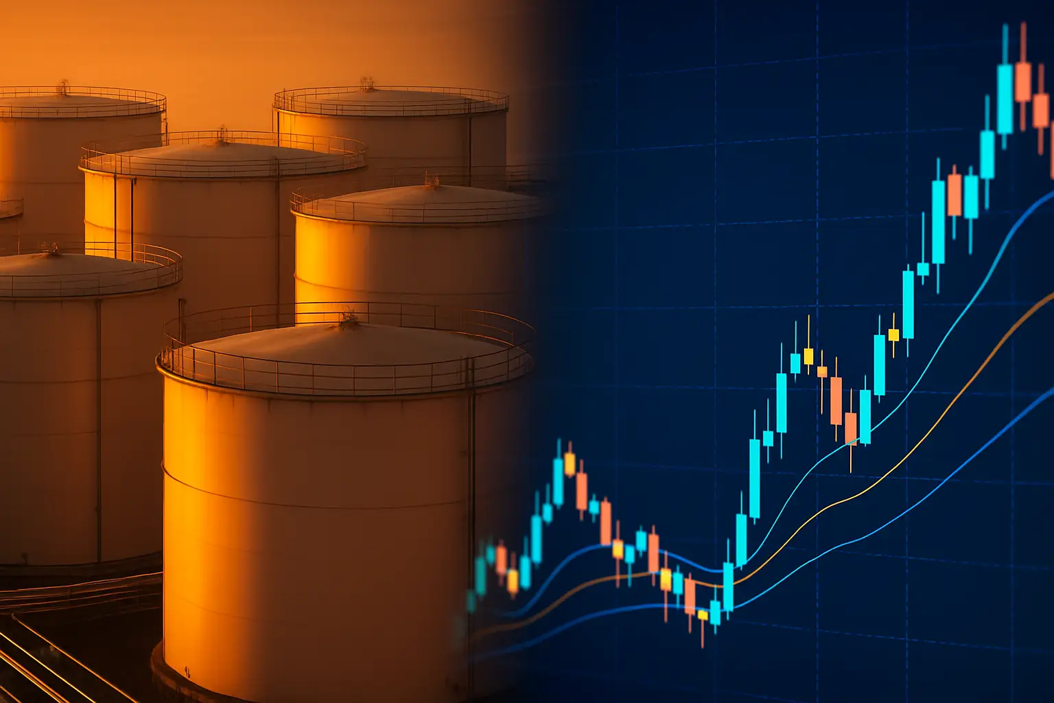 Oil barrels and a Bitcoin symbol side by side representing the connection between energy markets and crypto trading