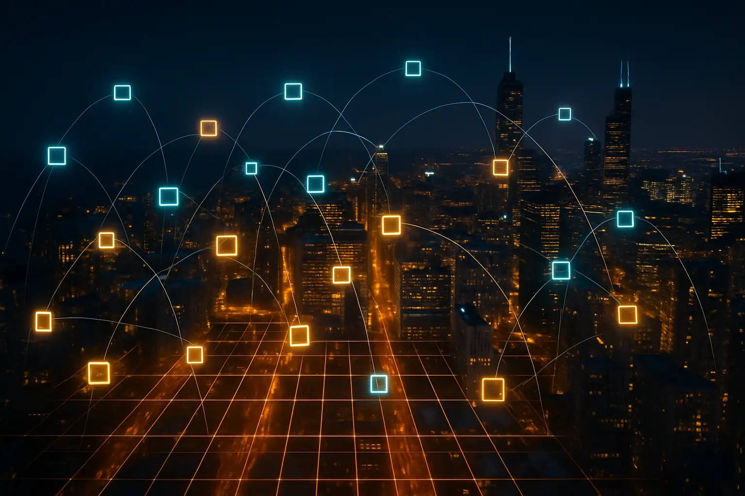 Digital financial network over a U.S. city skyline representing crypto economic growth