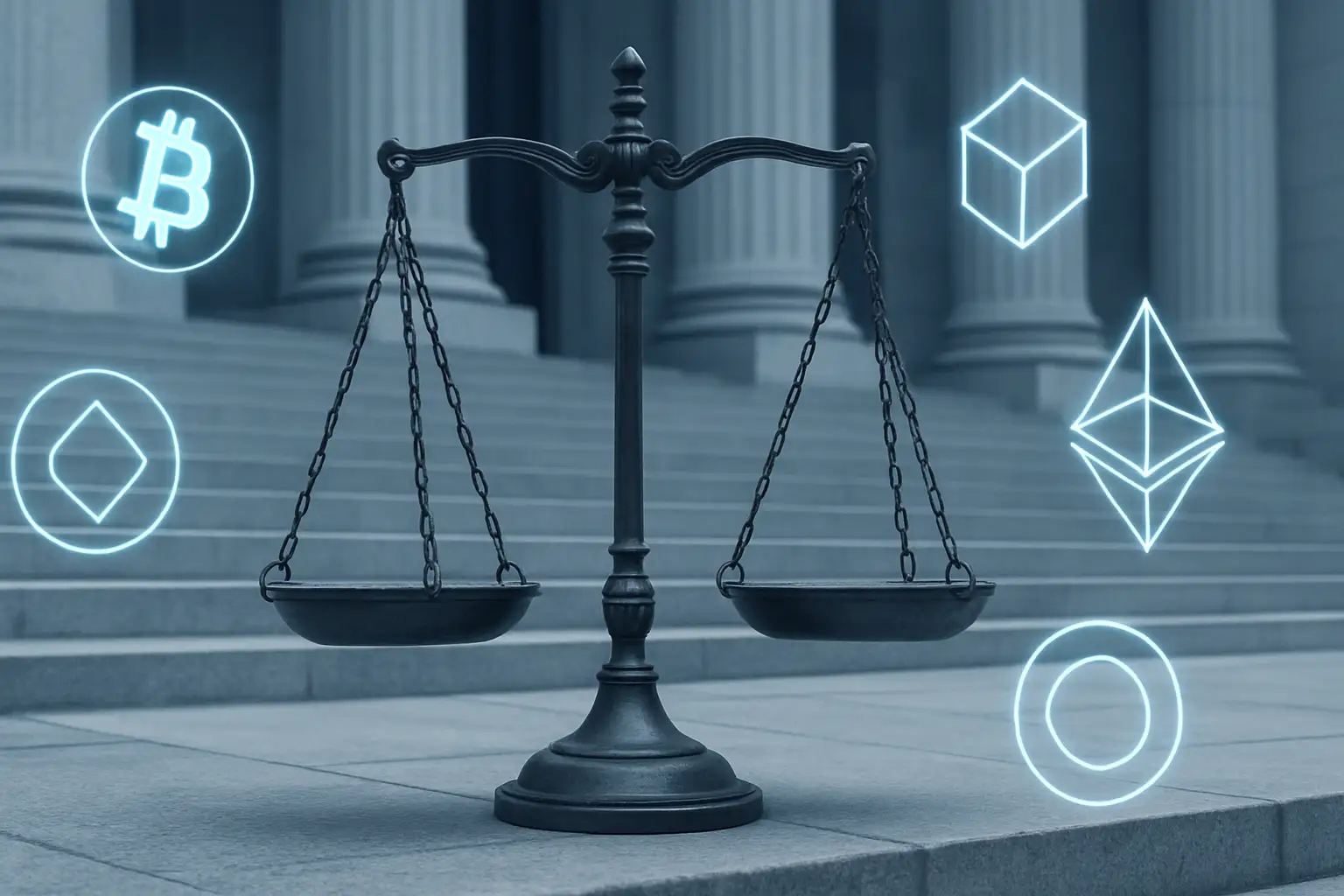 Abstract illustration of regulatory scales and digital currency symbols against a government building backdrop