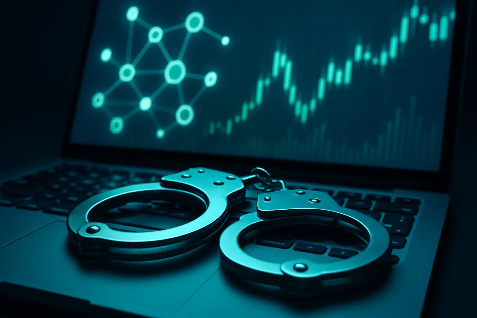 A pair of handcuffs resting on a laptop keyboard next to a digital chart showing cryptocurrency prices