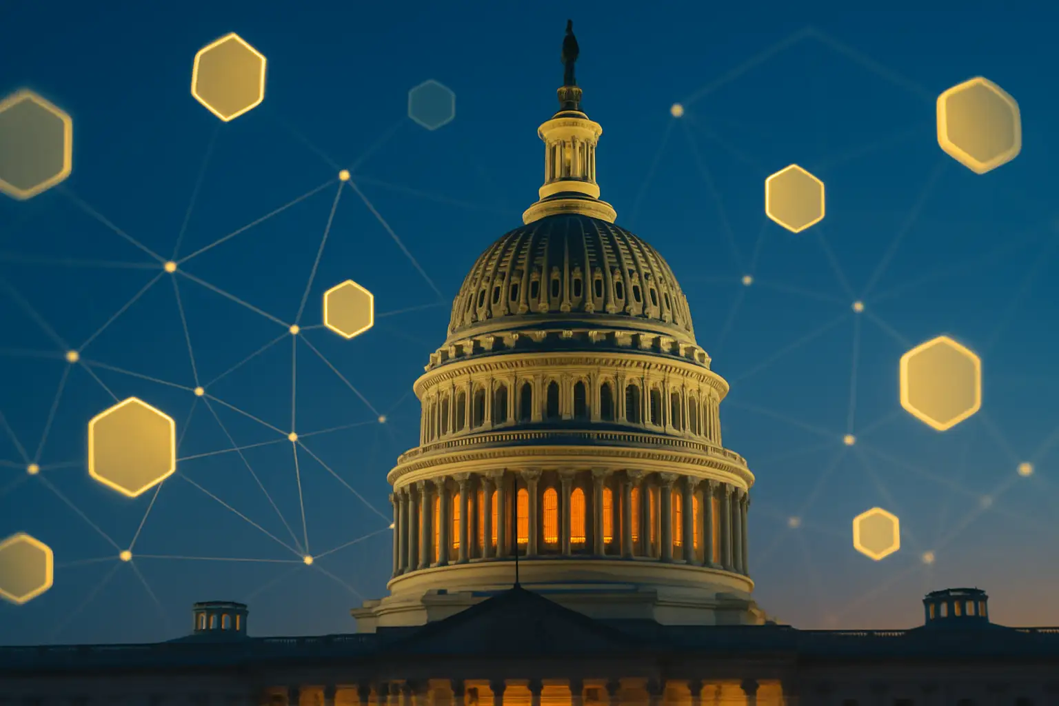 U.S. Capitol building with digital currency symbols overlaid on a blue sky background