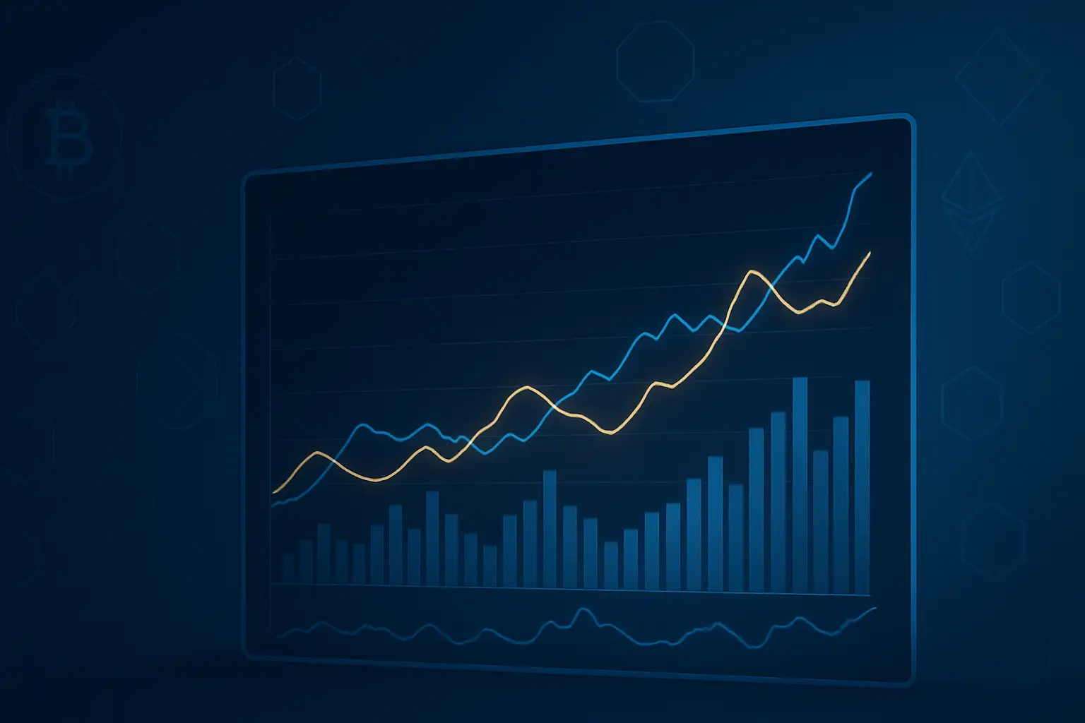 Abstract visualization of economic data charts and digital currency symbols on a trading screen