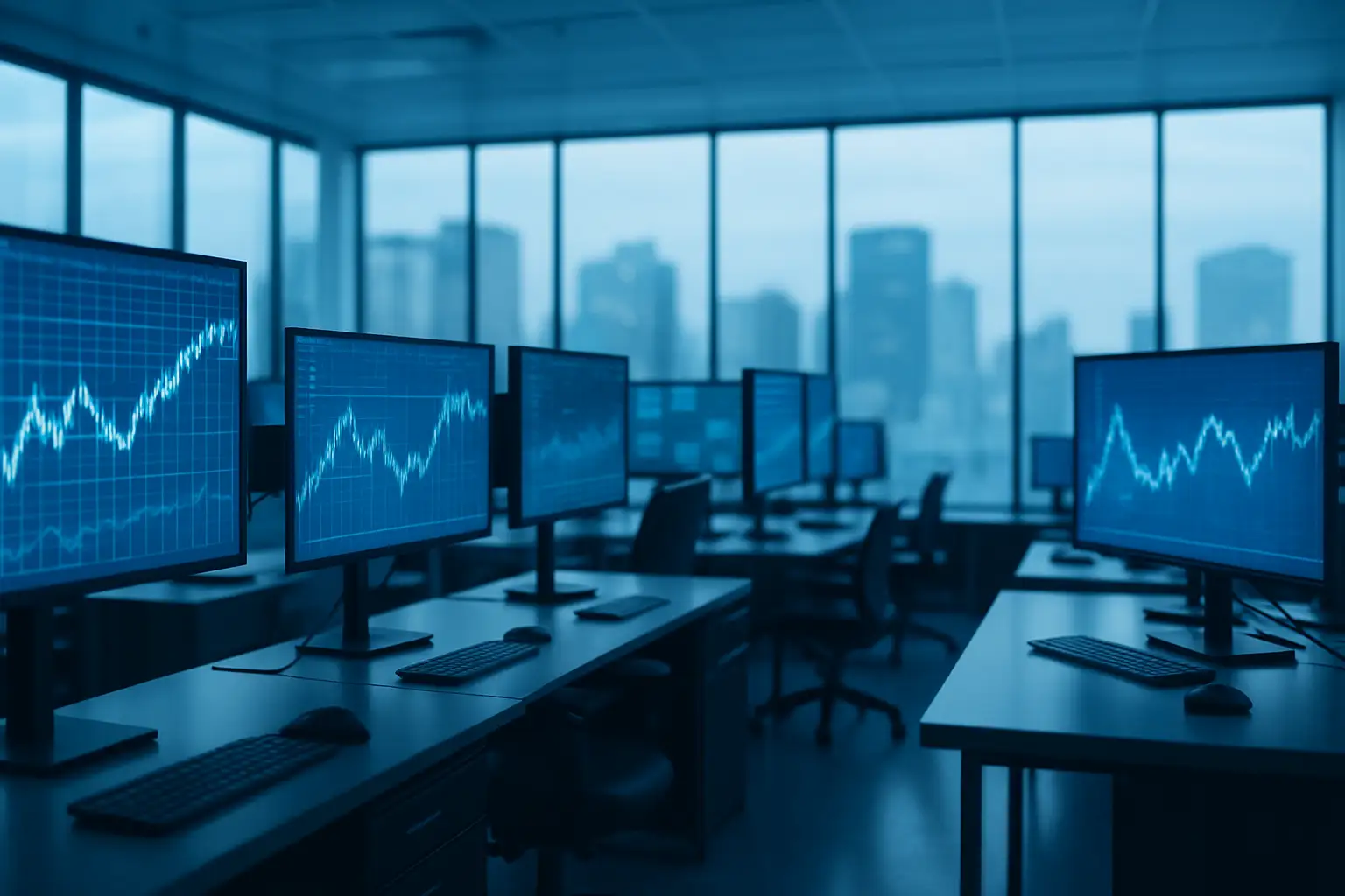 Digital screens showing economic data charts alongside cryptocurrency price graphs in a trading environment