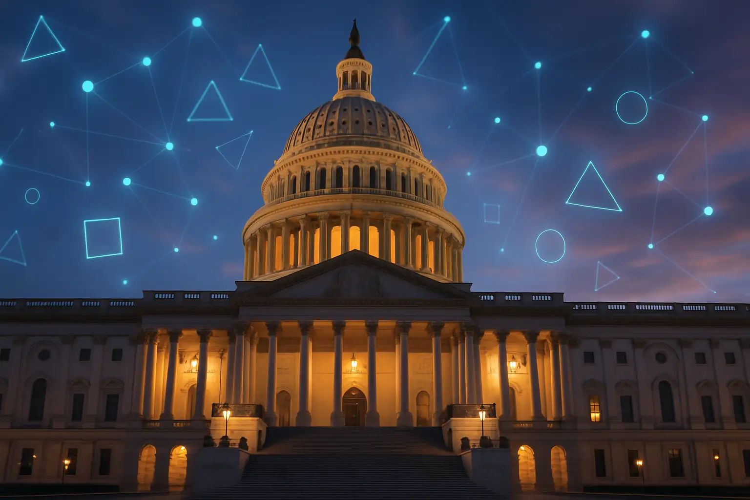 U.S. Senate building with digital blockchain elements floating around it