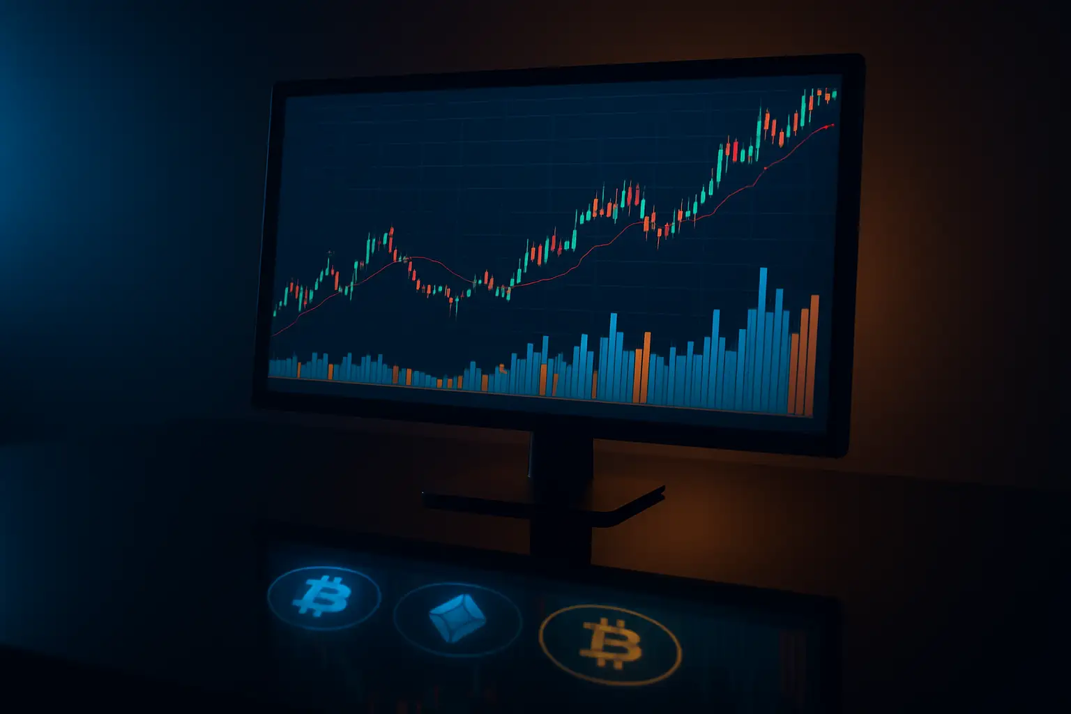 Digital trading terminal showing economic data charts alongside cryptocurrency price graphs