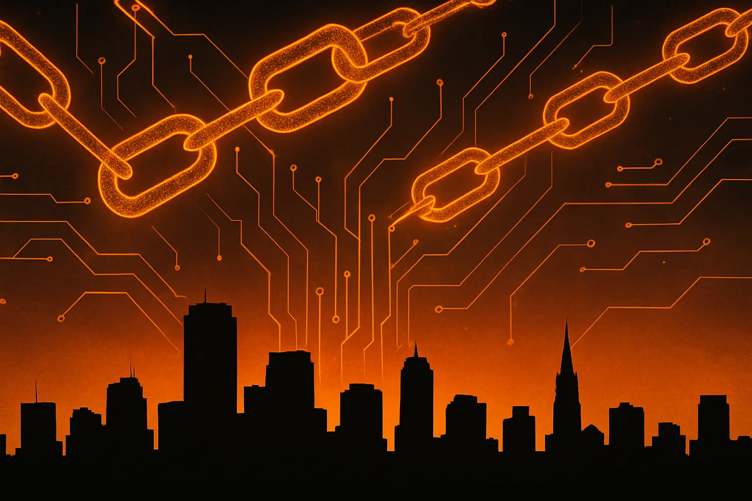 Abstract illustration of military and financial pressure converging over a Middle Eastern cityscape at dusk