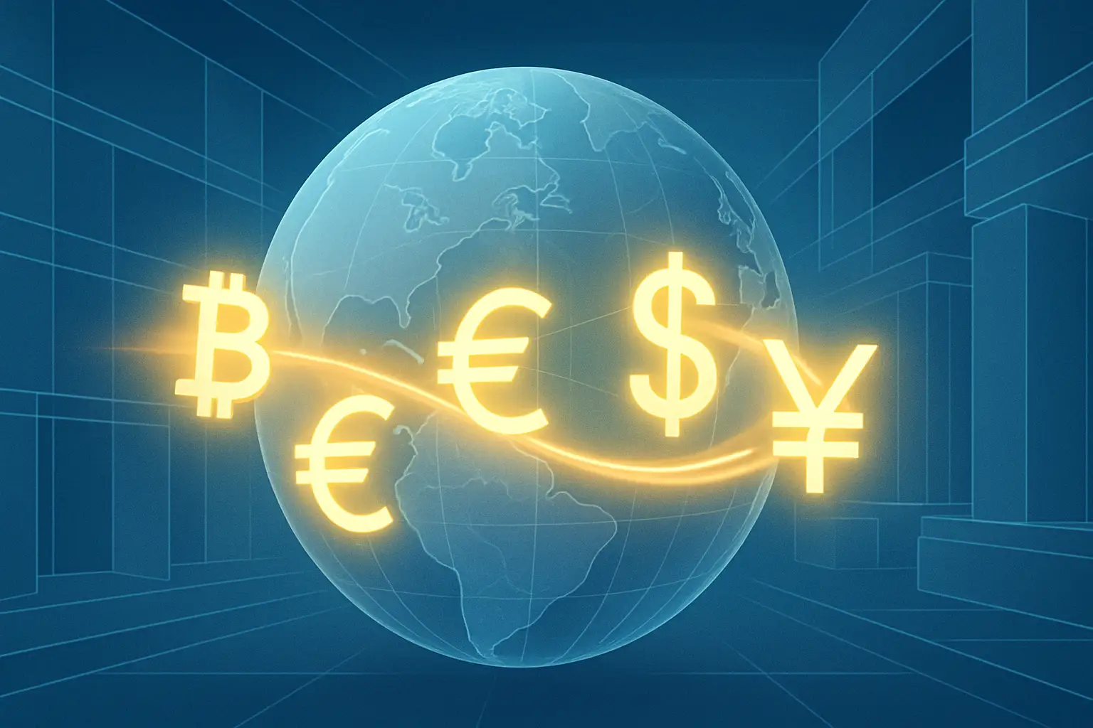 Conceptual illustration of cryptocurrency coins crossing international borders under a regulatory spotlight