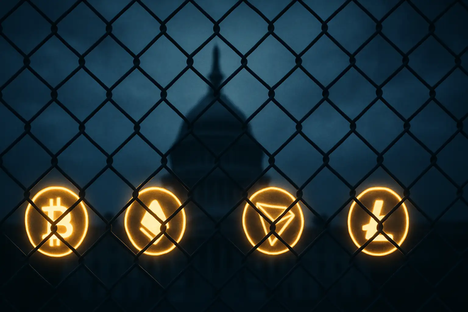 Digital cryptocurrency symbols surrounded by government enforcement imagery representing US Treasury sanctions