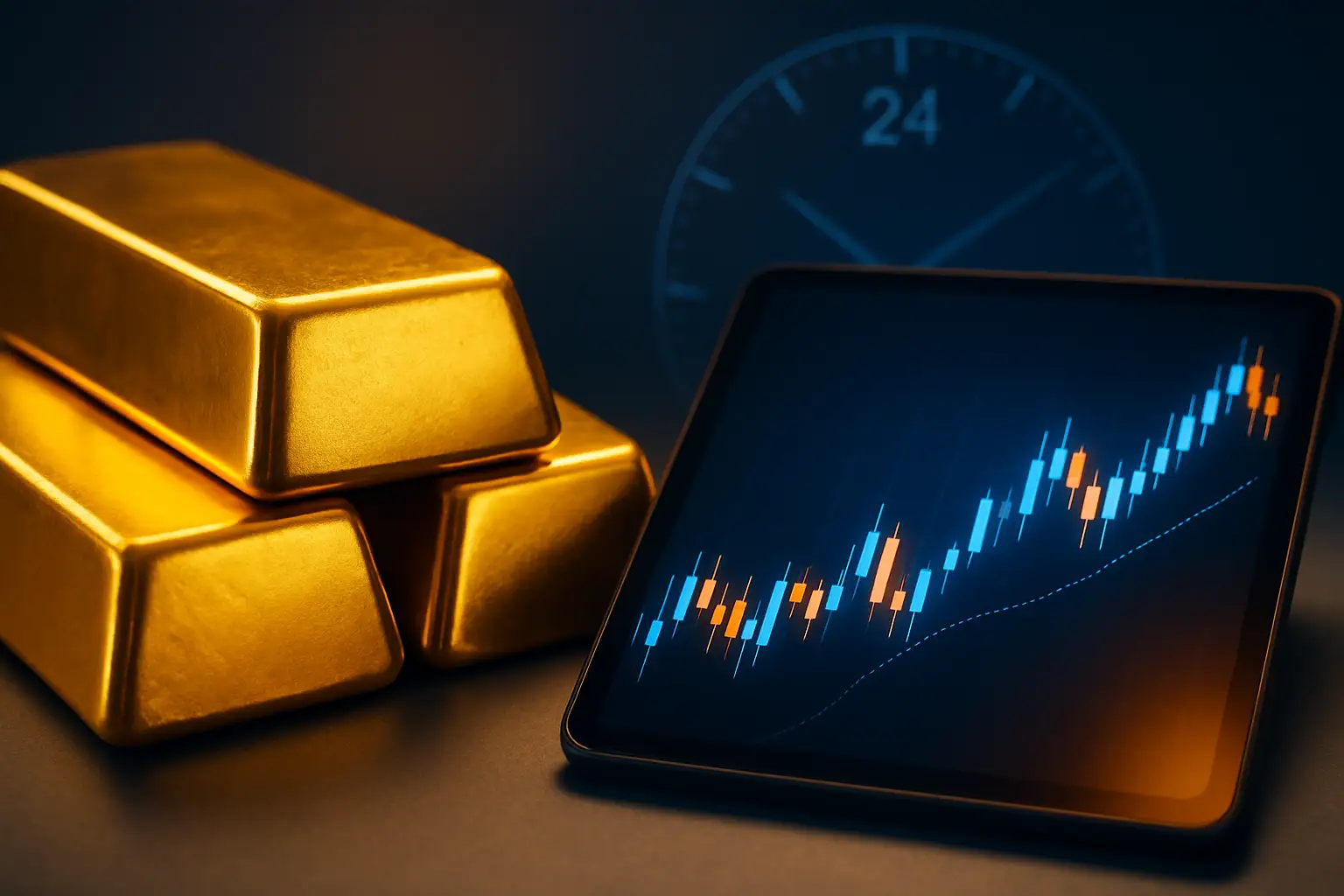 Gold bars beside a glowing digital trading interface showing continuous market activity