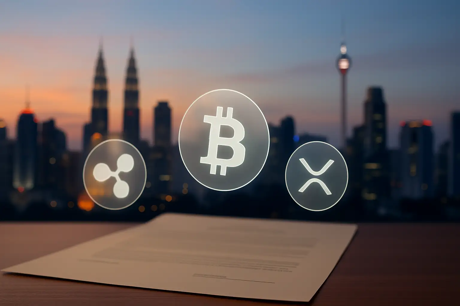 Vietnamese city skyline with digital currency symbols overlaid on a regulatory document