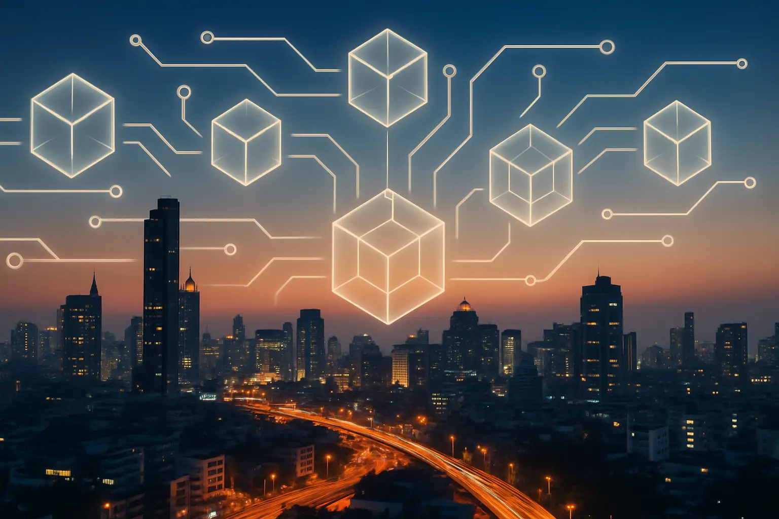 A Vietnamese city skyline at dusk with abstract digital currency symbols overlaid on a dark background