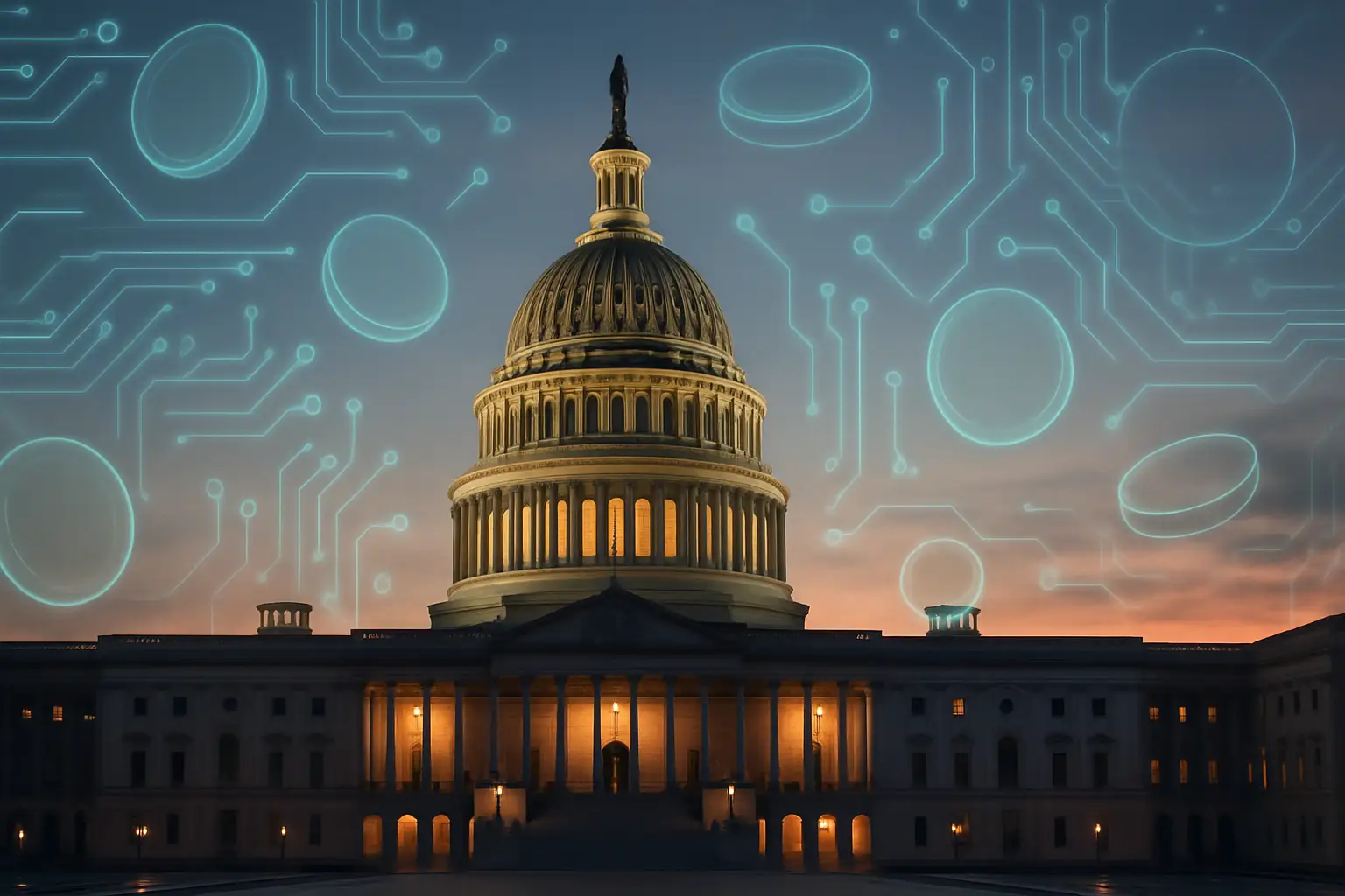 Capitol building with digital currency symbols in the foreground representing crypto regulation debates