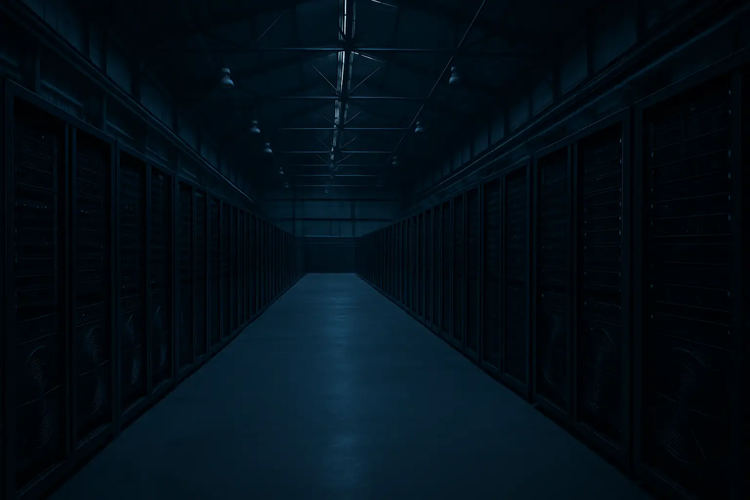 Rows of cryptocurrency mining computers in a dark industrial warehouse facility