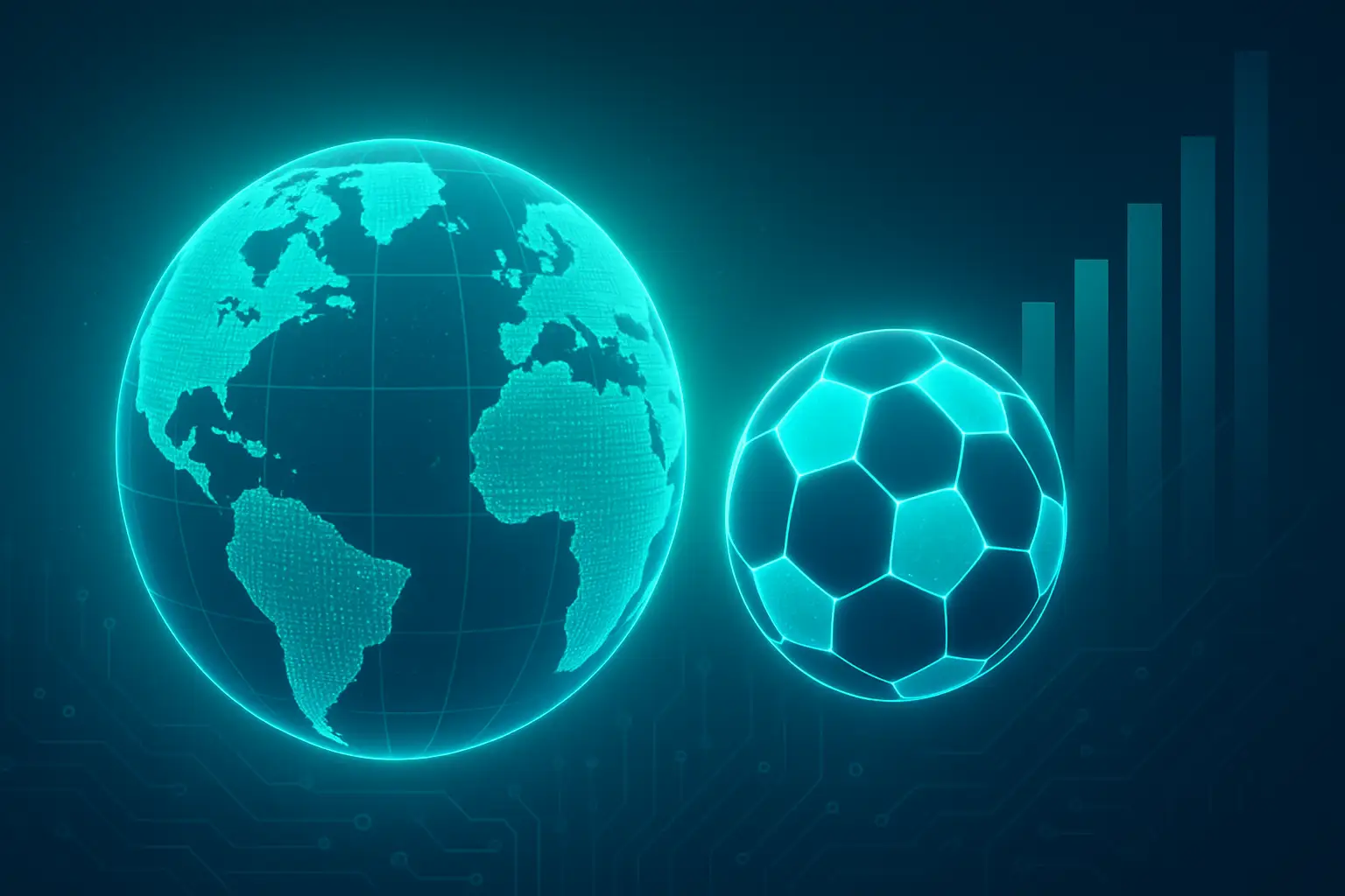 Digital globe with football and cryptocurrency symbols representing the World Cup and crypto market connection