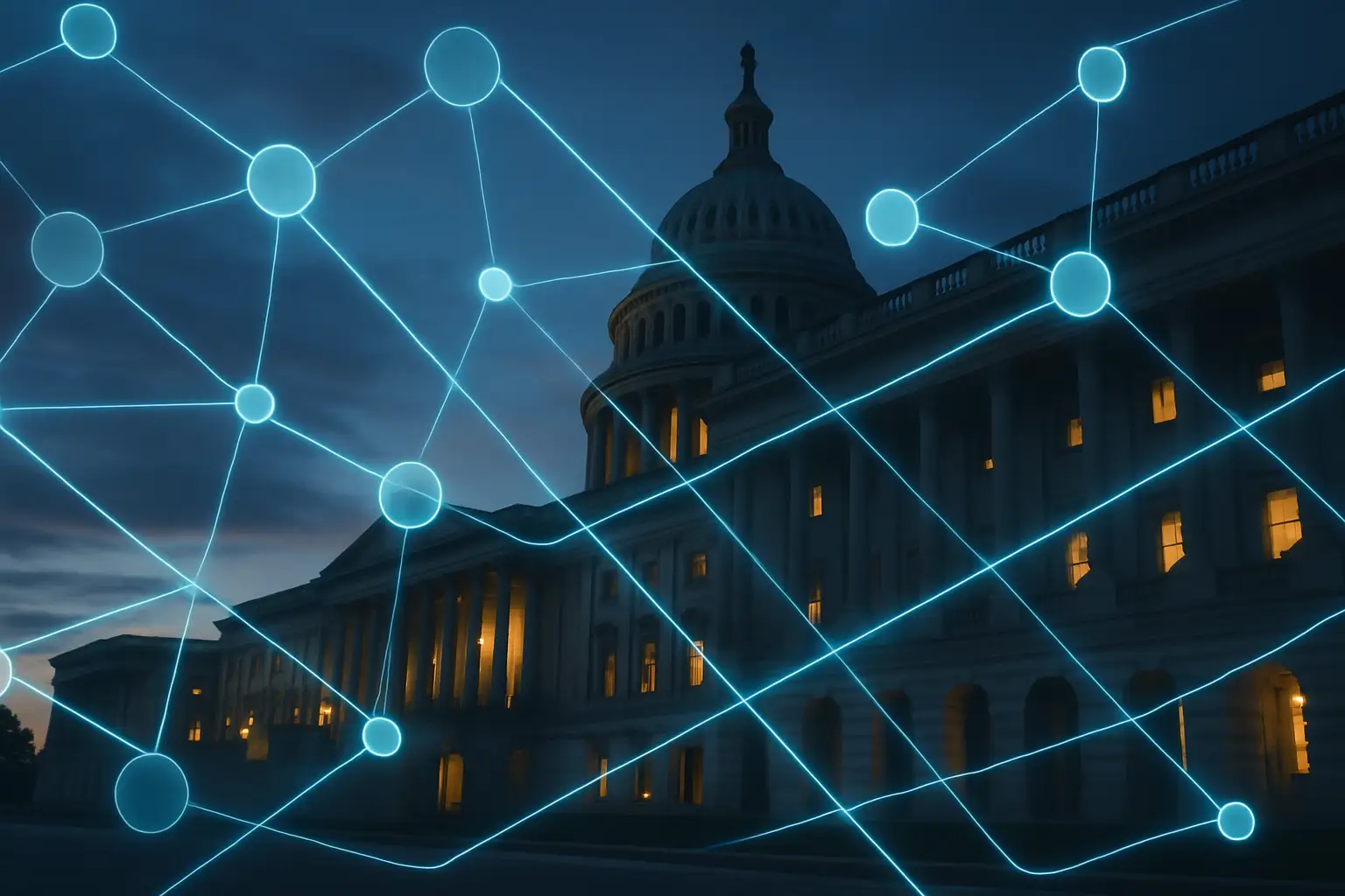 US Capitol building with abstract crypto blockchain imagery overlay