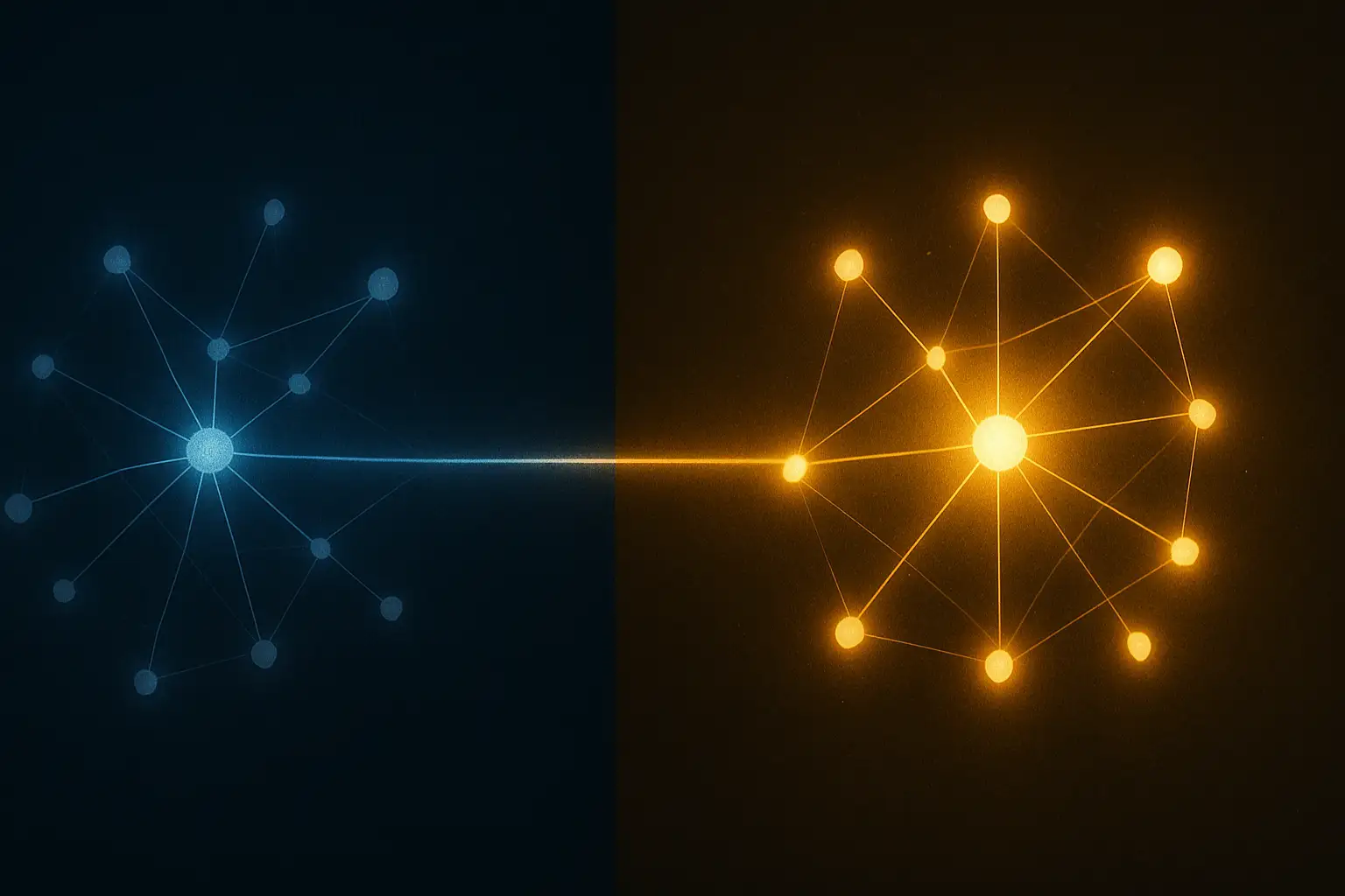 A digital illustration of two interconnected blockchain networks with a timeline separating their origins