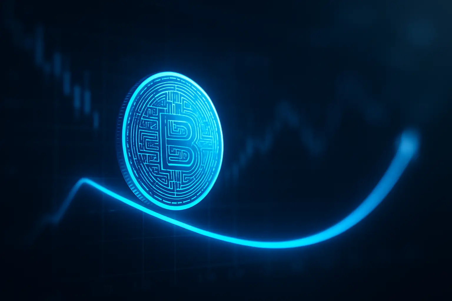 XRP token symbol glowing against a dark financial chart background showing a price dip followed by an upward arrow