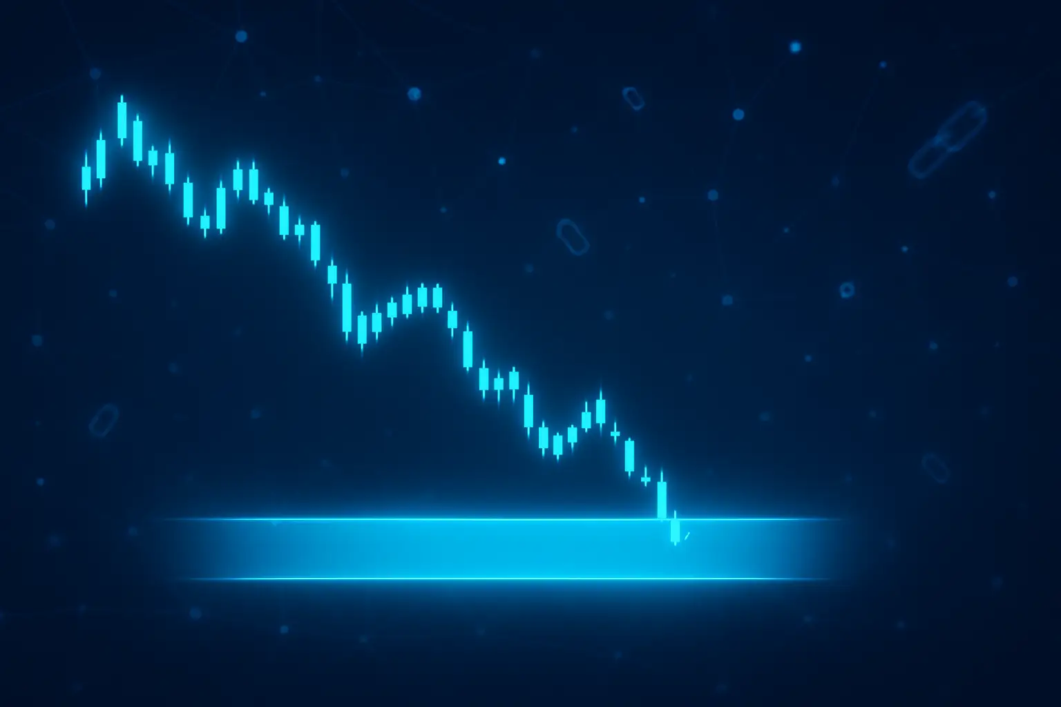 Abstract visualization of blockchain token price chart approaching a key support level with downward pressure