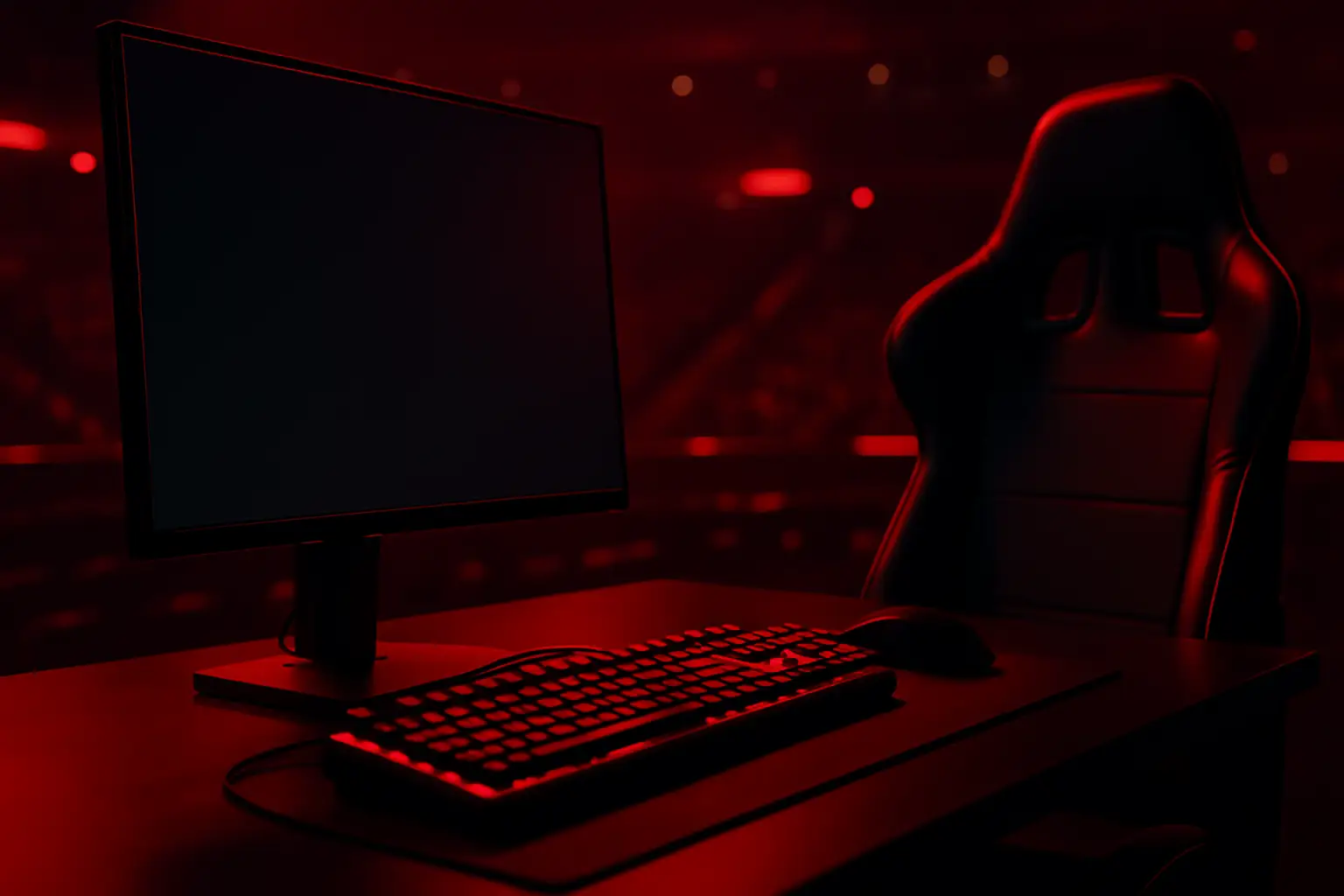A competitive gaming setup with a keyboard and monitor glowing in a dark arena environment