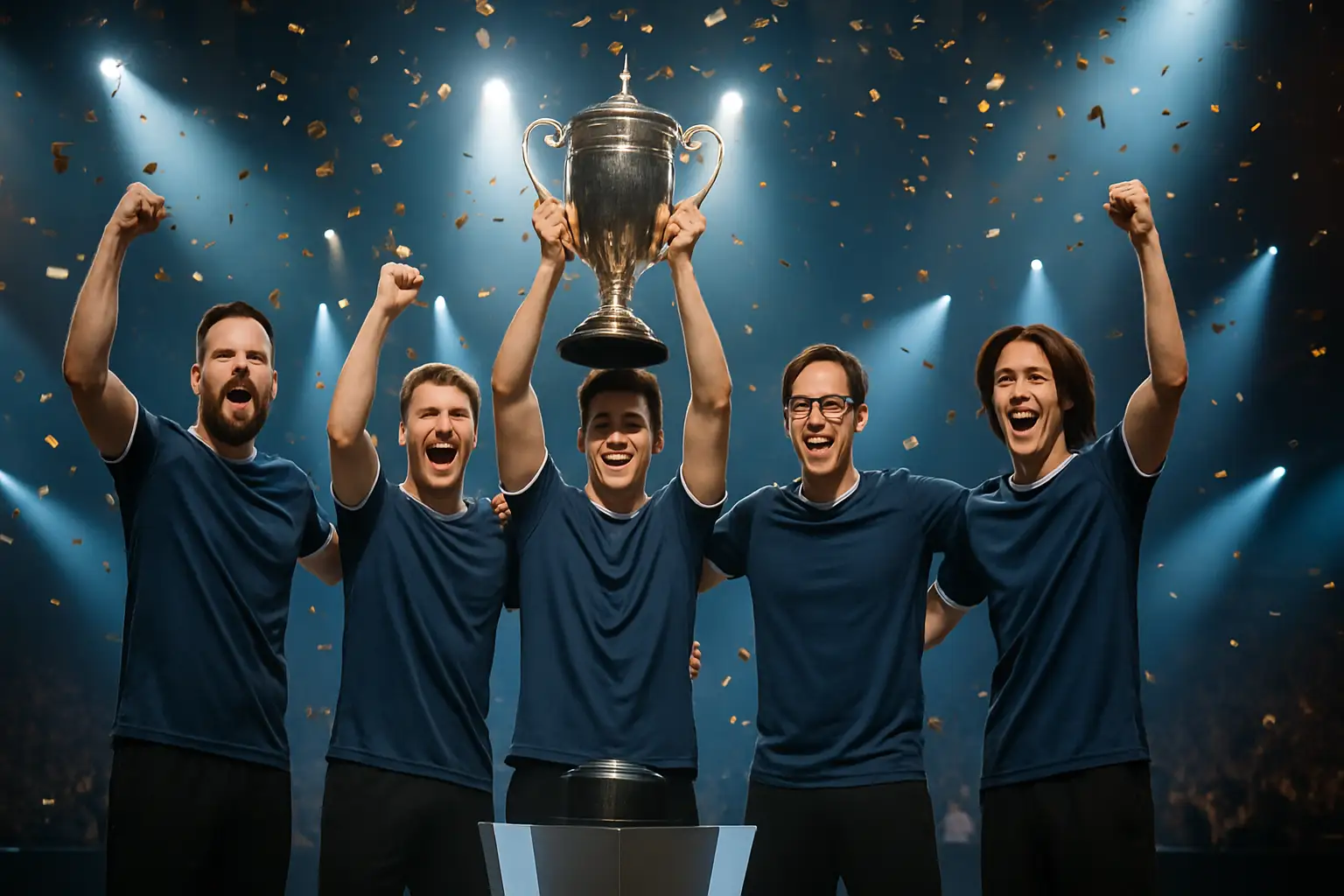 A Valorant esports team celebrating a championship win on a large tournament stage with confetti falling