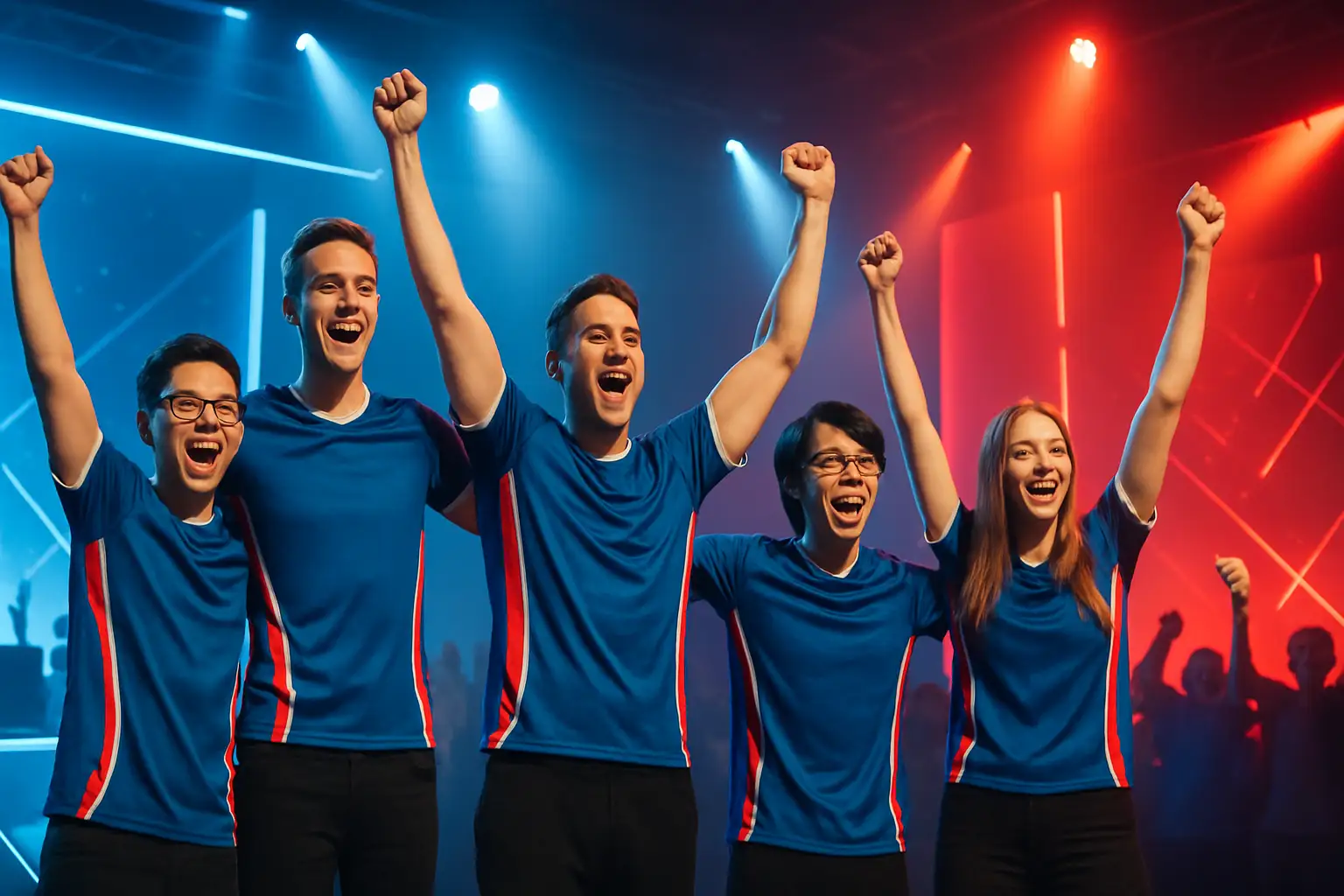 A Valorant esports team celebrating a championship win on a large tournament stage with colorful lighting