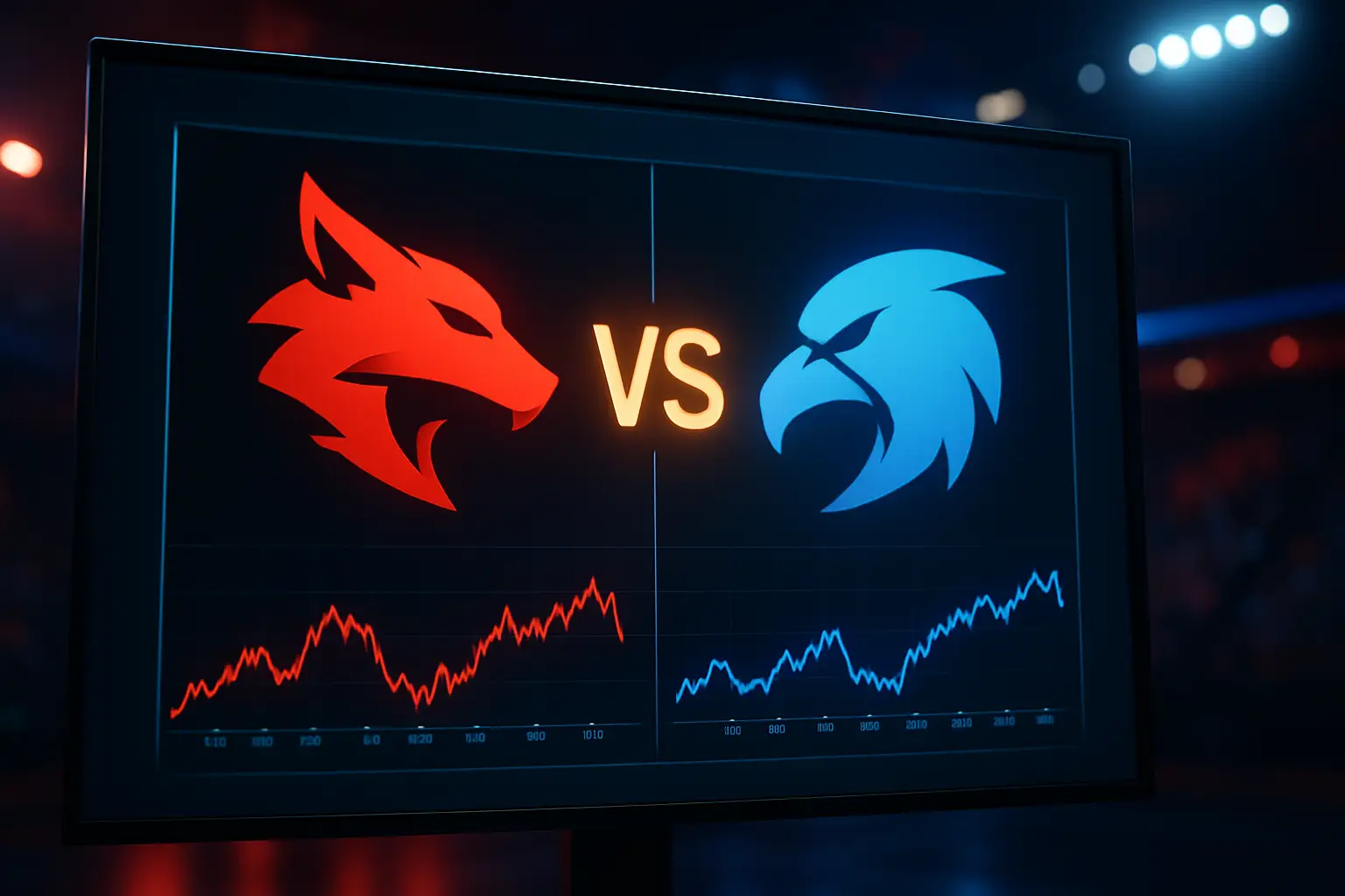 A glowing prediction market interface displaying two competing esports team logos with rising contract price charts
