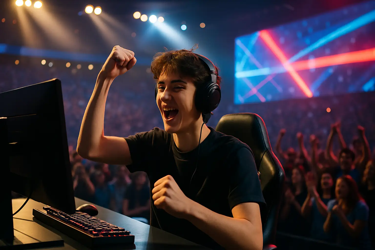 Young esports competitor celebrating a championship win at a major gaming event