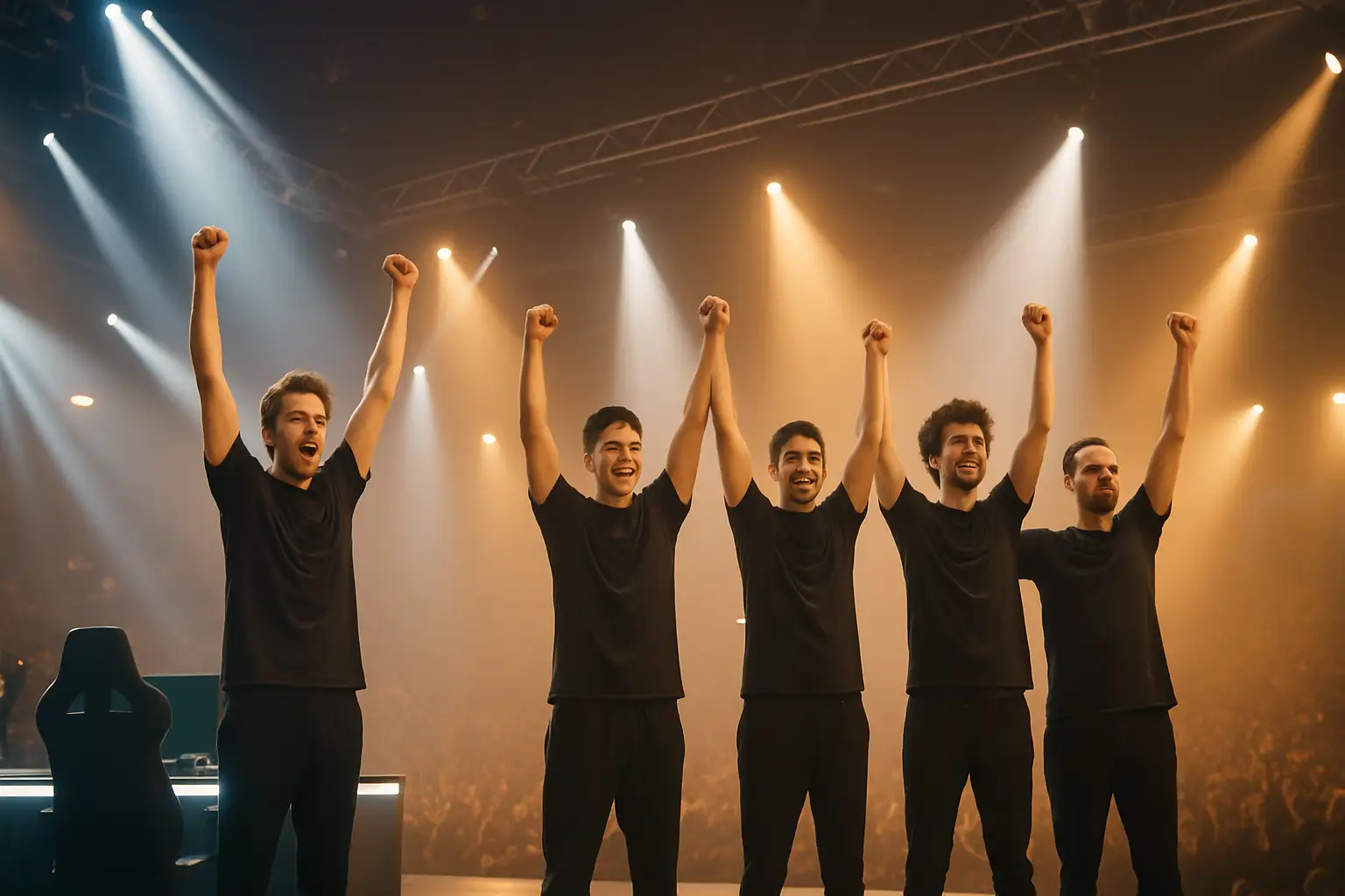 A PUBG esports team celebrating a tournament victory on a large arena stage