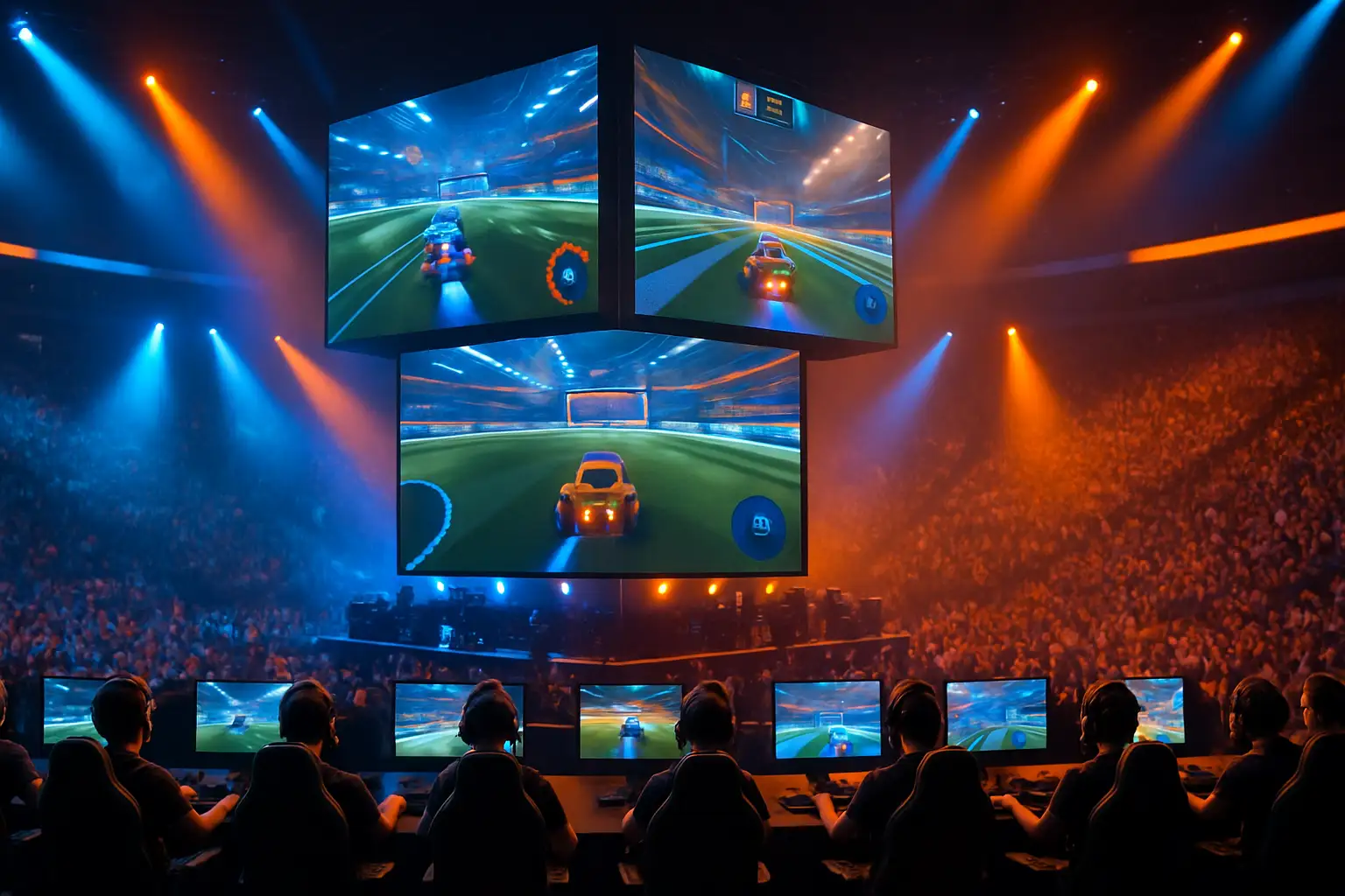 National esports players competing in a stadium arena with country flags displayed