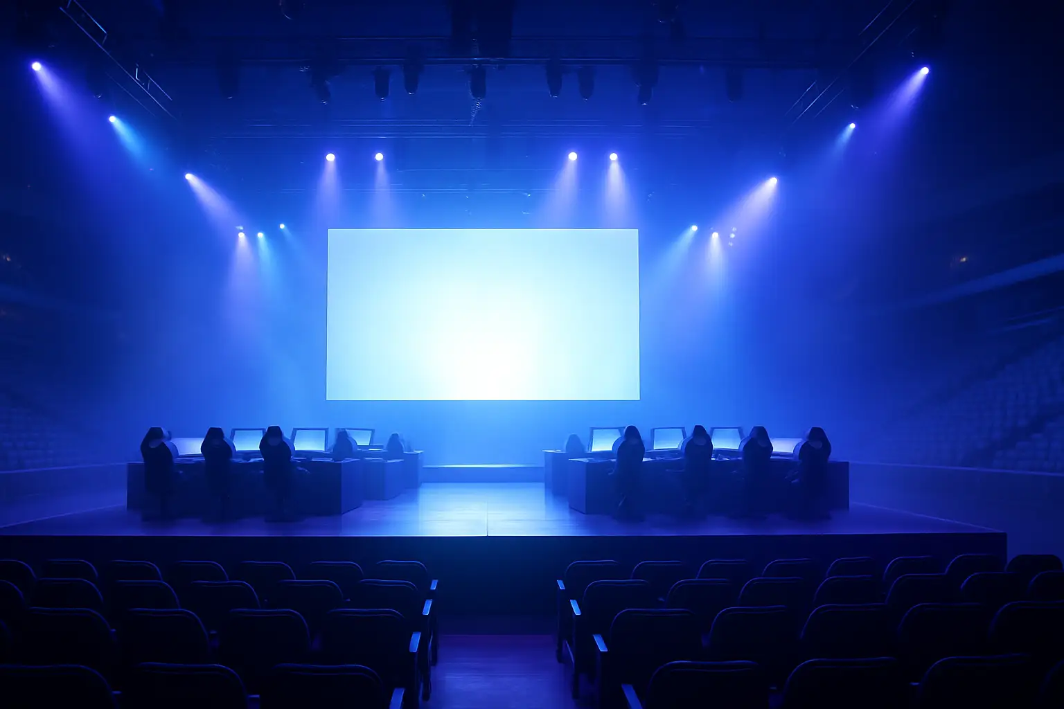 A fighting game tournament stage with dramatic lighting and empty player seats suggesting uncertainty