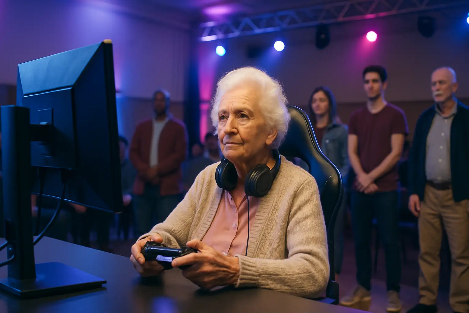 Elderly woman holding a gaming controller at a competitive esports event in Japan