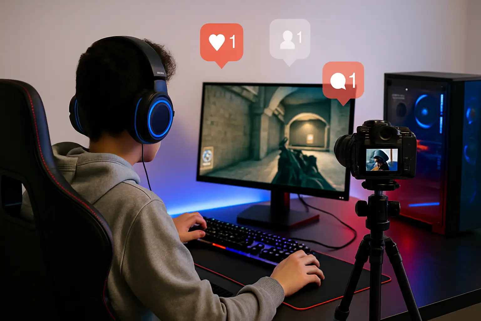 A content creator filming a gaming video at a desk with a competitive shooter game on screen