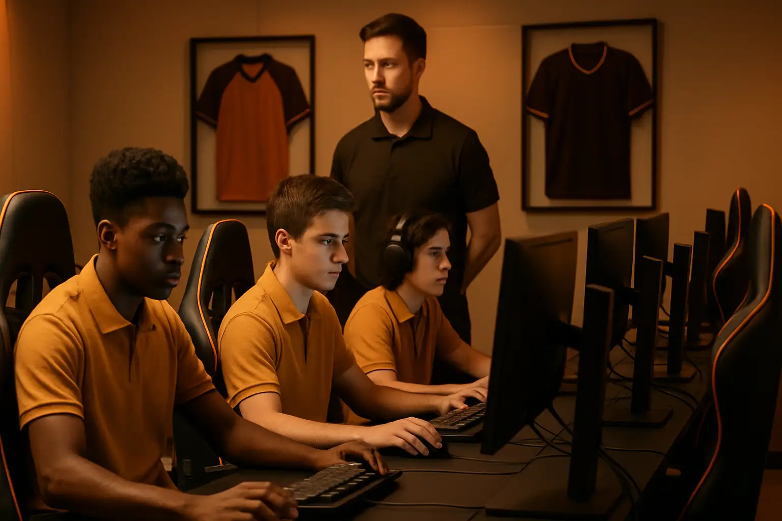 A university esports coach mentoring students at gaming stations in a collegiate esports arena