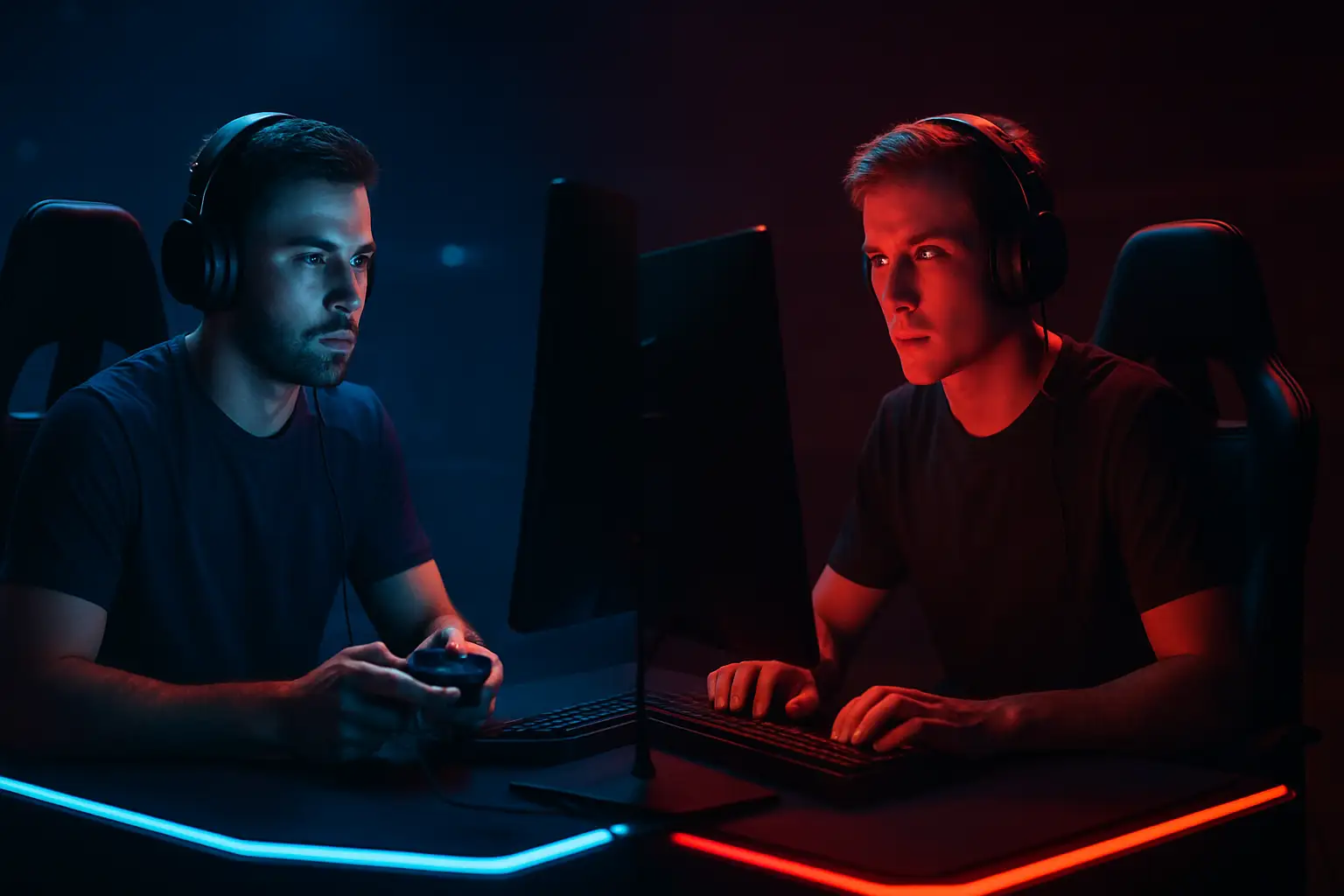 Two esports players focused on screens during a VALORANT competitive match