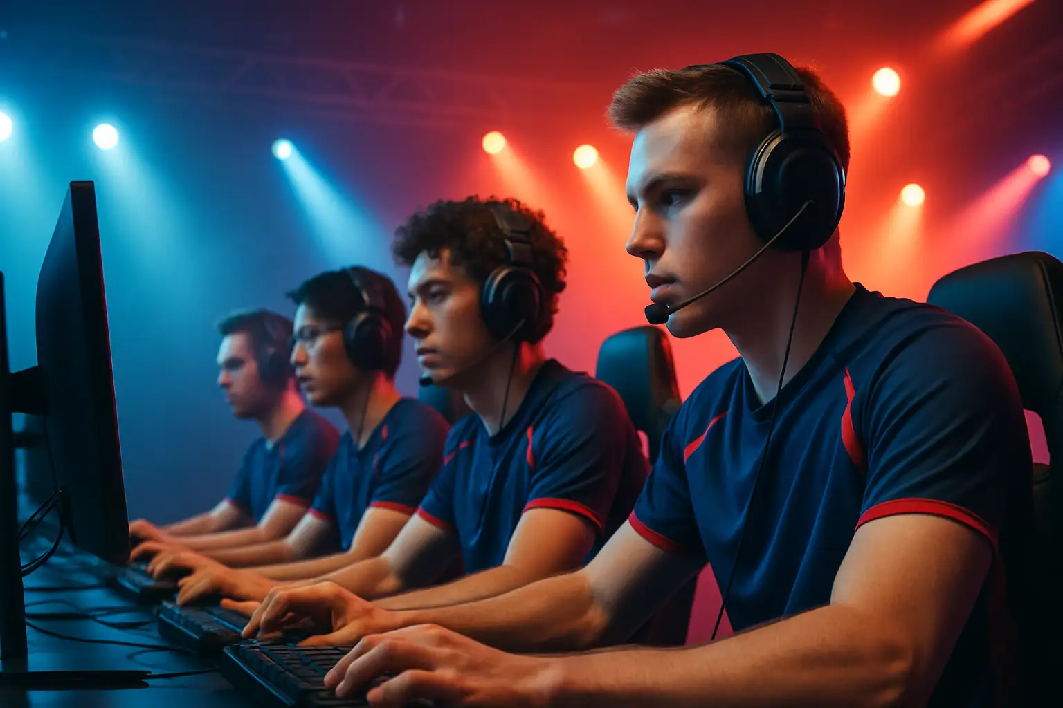Esports players in matching team uniforms standing ready at a competitive gaming event