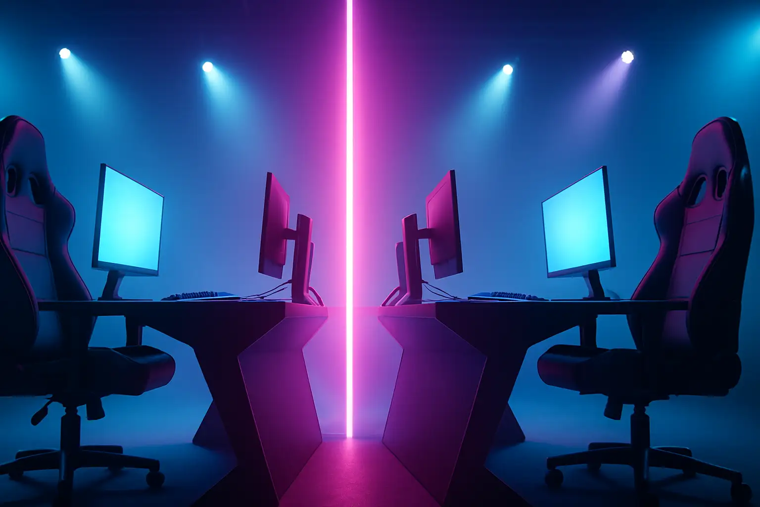 Two esports teams facing off on a League of Legends stage with glowing screens in the background
