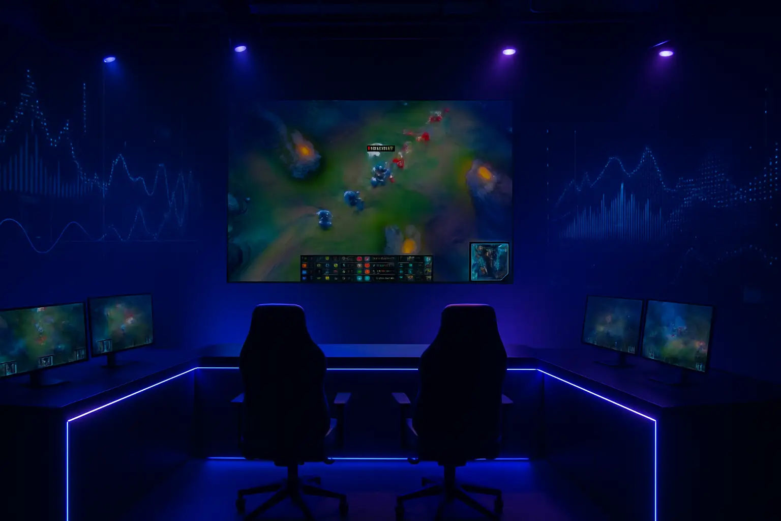 A futuristic esports broadcast studio with glowing screens and automated production equipment