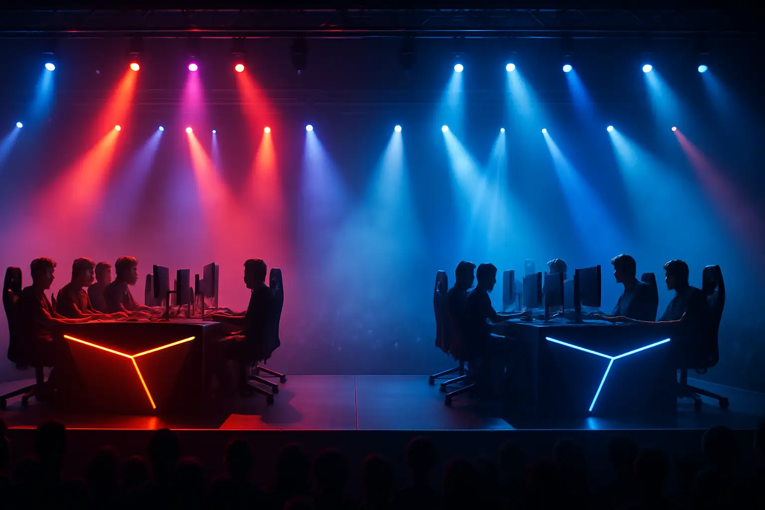 Two esports teams competing on stage under bright arena lights
