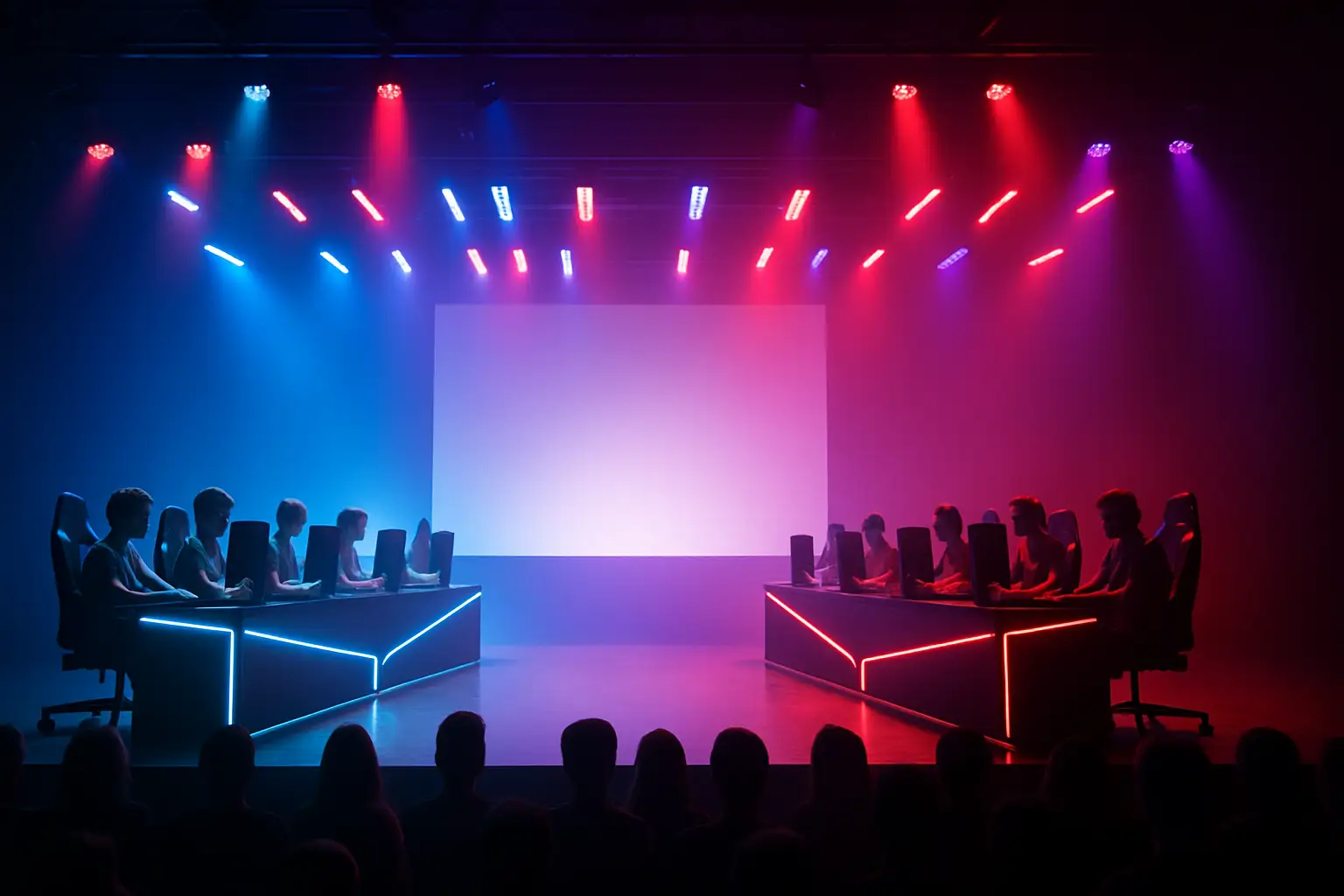 Two esports teams competing on stage under dramatic arena lighting at an EMEA tournament