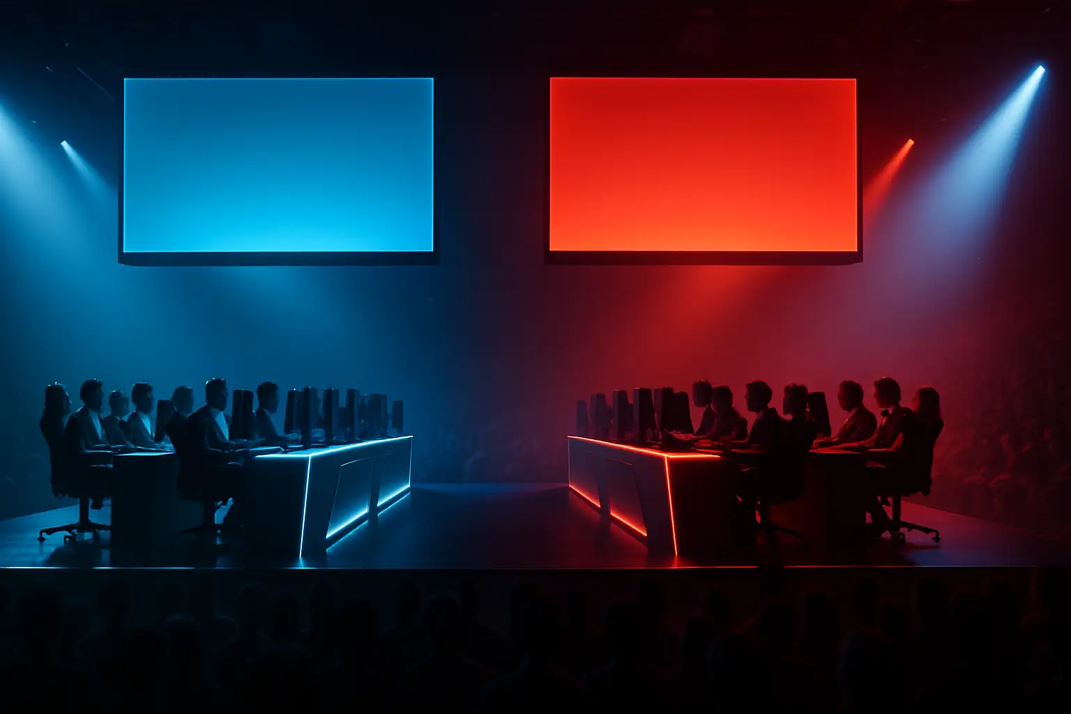 Two League of Legends teams facing off on a competitive esports stage with dramatic arena lighting