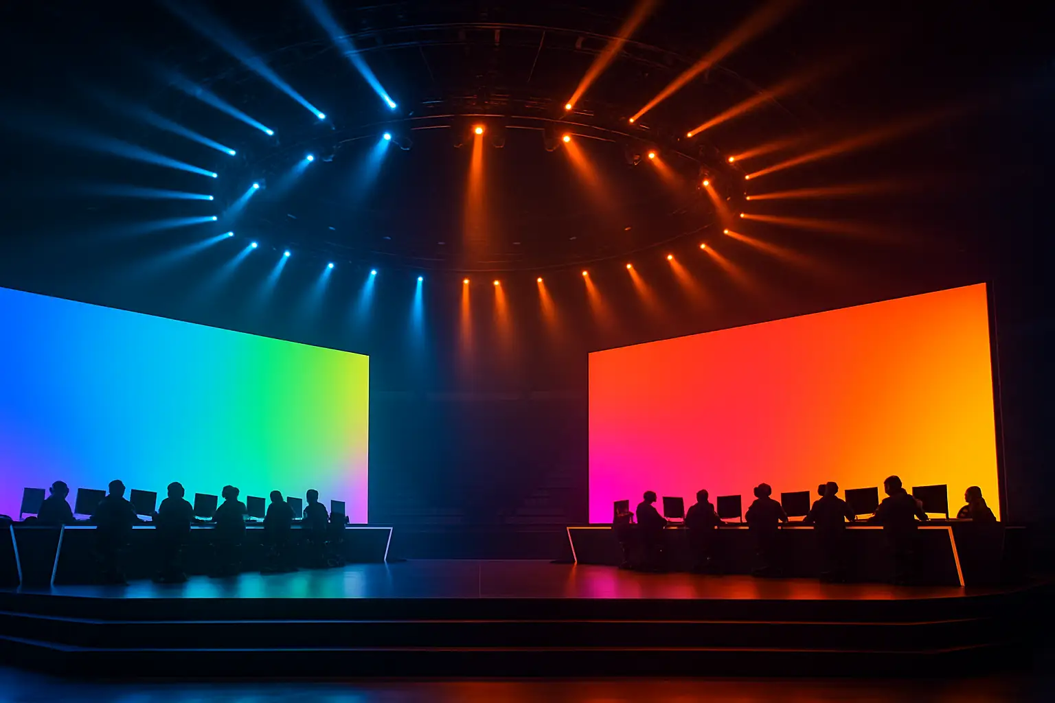 Players competing on stage at a major esports tournament under dramatic arena lighting