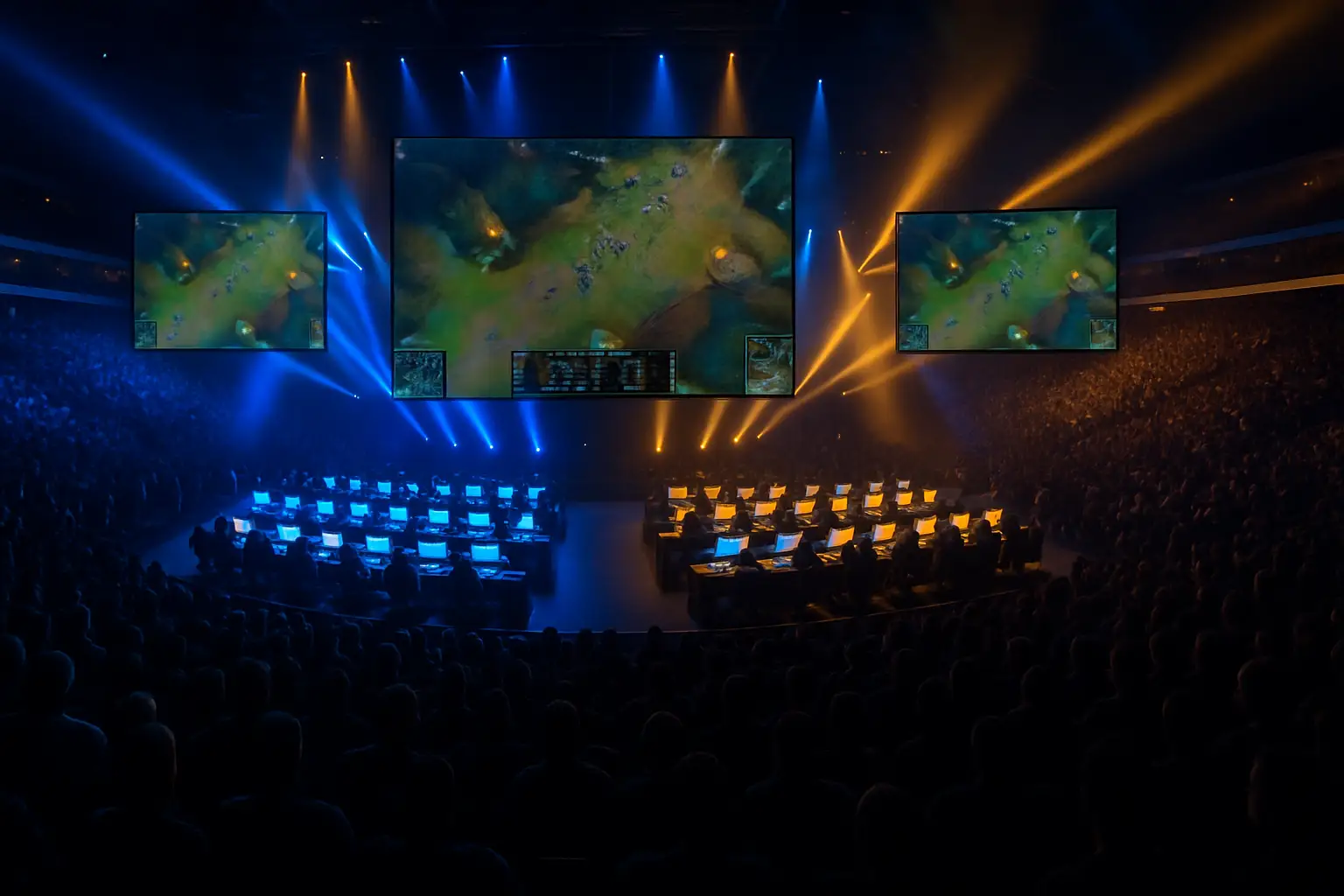 Esports players competing at a major Asian multi-sport games event with colorful stage lighting