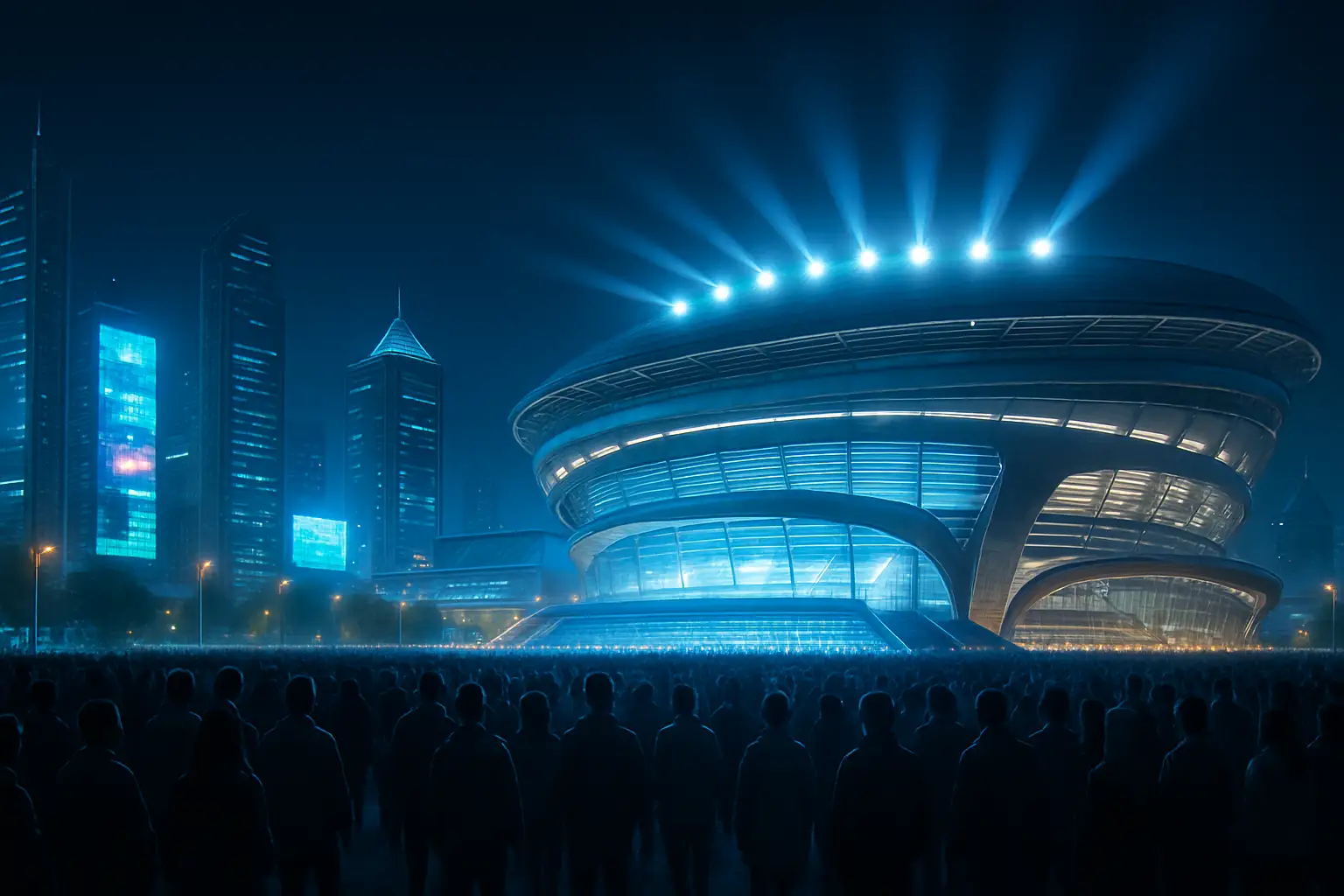 Aerial view of Astana city skyline at night with glowing lights representing a major international event