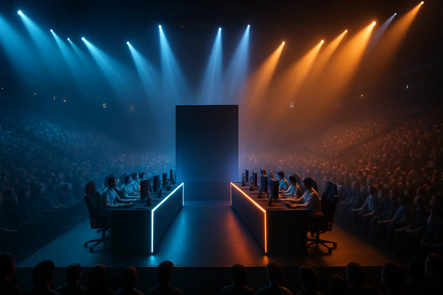 Two esports teams facing off on a large tournament stage with crowd in the background