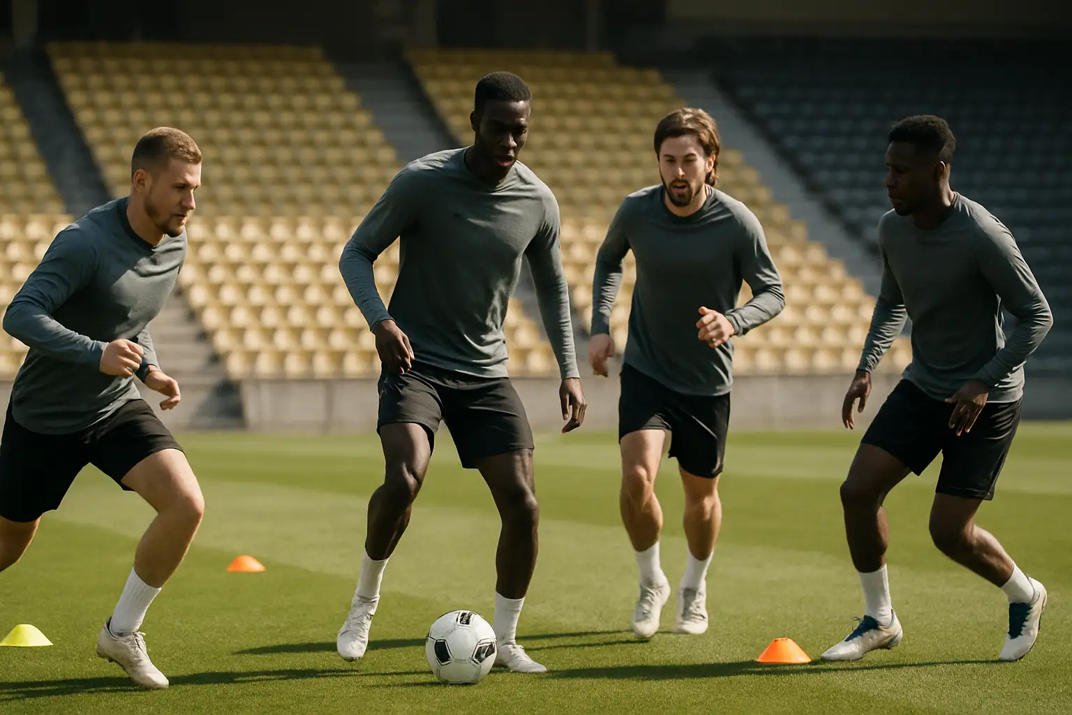 Football players training on an outdoor pitch during preseason preparation