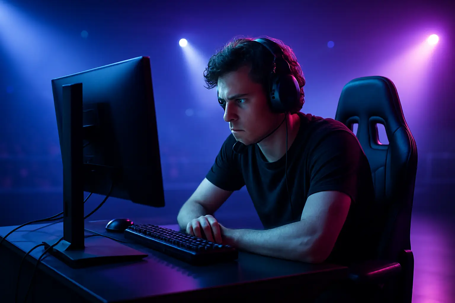 A competitive esports player focused on a monitor in a darkened tournament arena, with colorful stage lighting in the background
